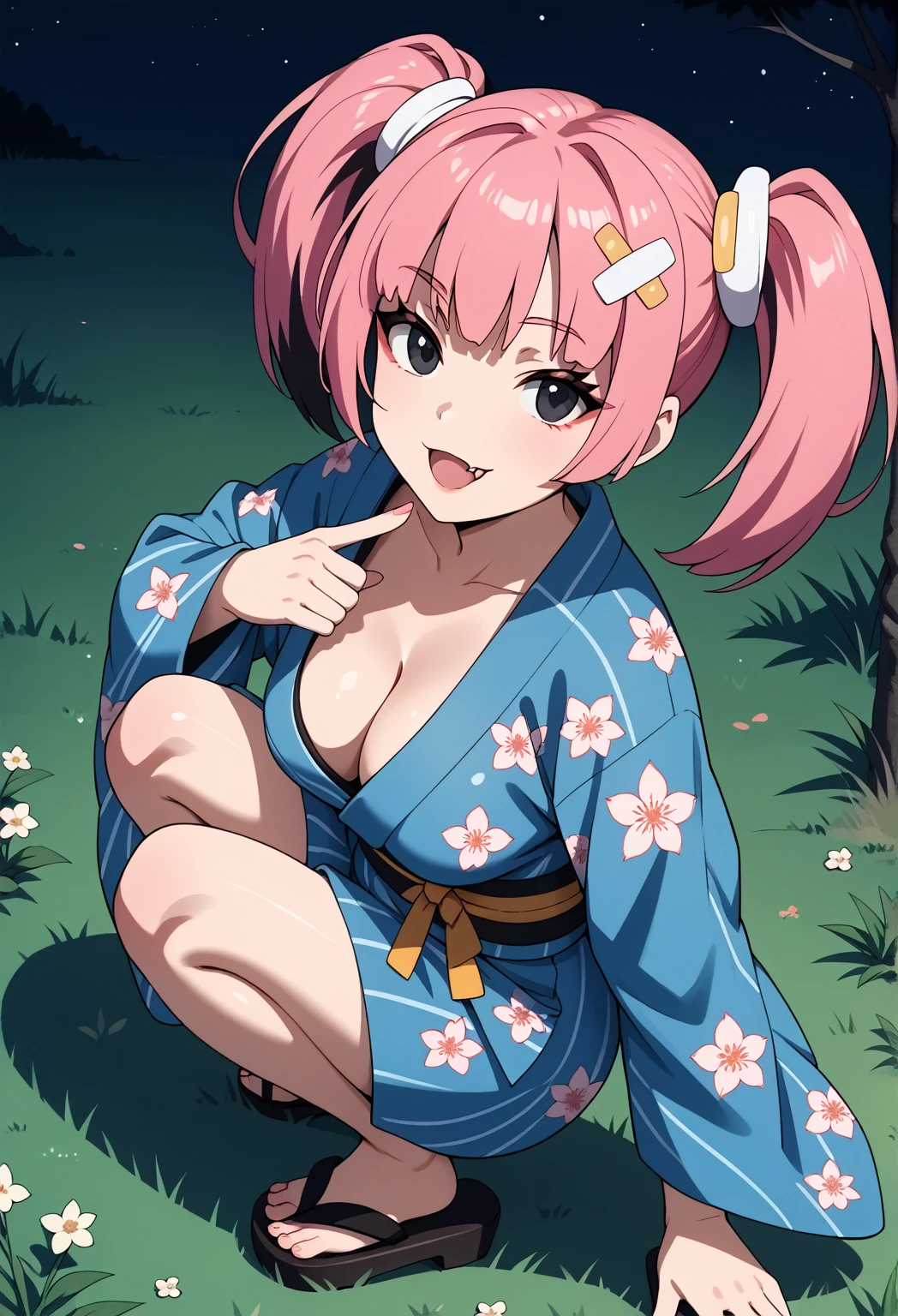 BREAK Those_Anime-Series, sango, aacoral, multicolored hair, pink hair, twintails, hair ornament, bandaid, black eyes, fang, breasts, night, grass, squatting, yukata, japanese clothes, floral print, from side, smile, looking at viewer, sandals, closed mouth, cleavage