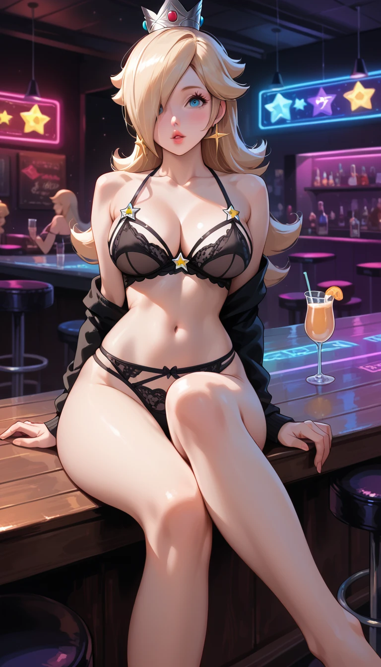 princess rosalina as a Porn star, Super Mario Bros, princess rosalina, Porn star, busty Porn star, ((( in a nightclub))),  hot neckline ,  black lingerie , legs crossed in sexy pose, sit down,