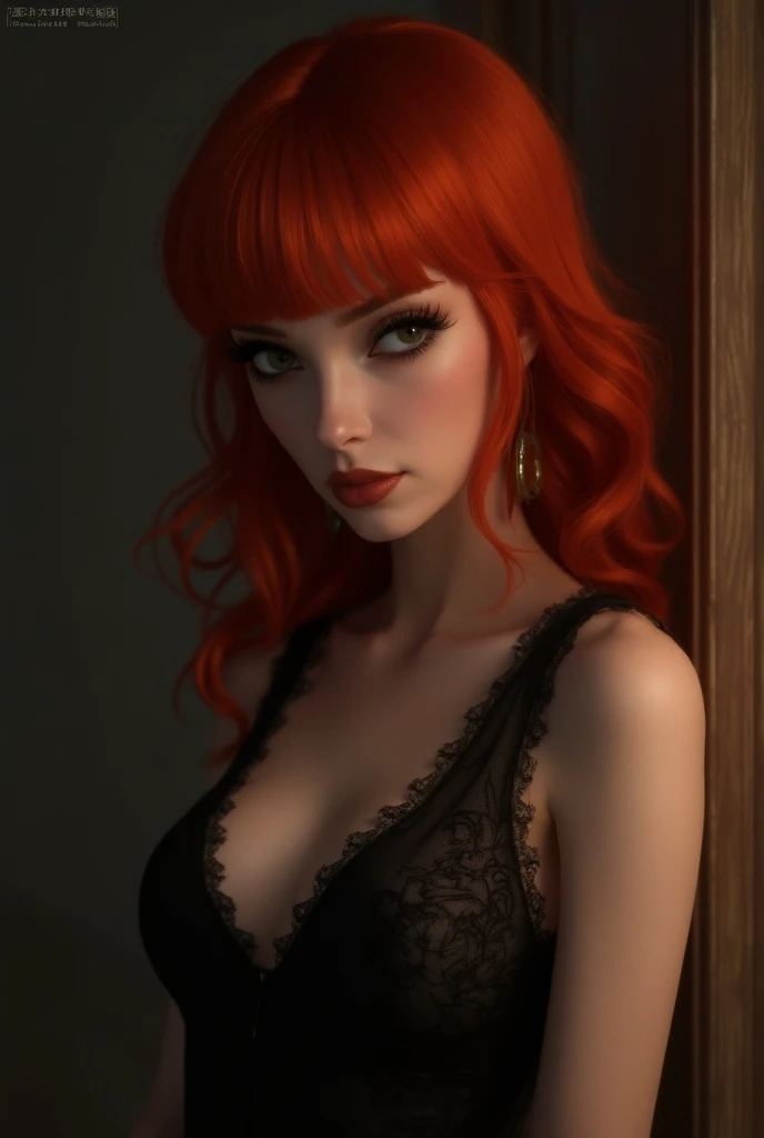 a girl with western features, with dyed red hair, glasses, light brown eyes, white, At the age of 19.
She is in her room posing in front of the mirror.
Her clothing is a silver dress, short and tight, with a neckline that shows a lot of the bust.
night lighting, with lamp lights.