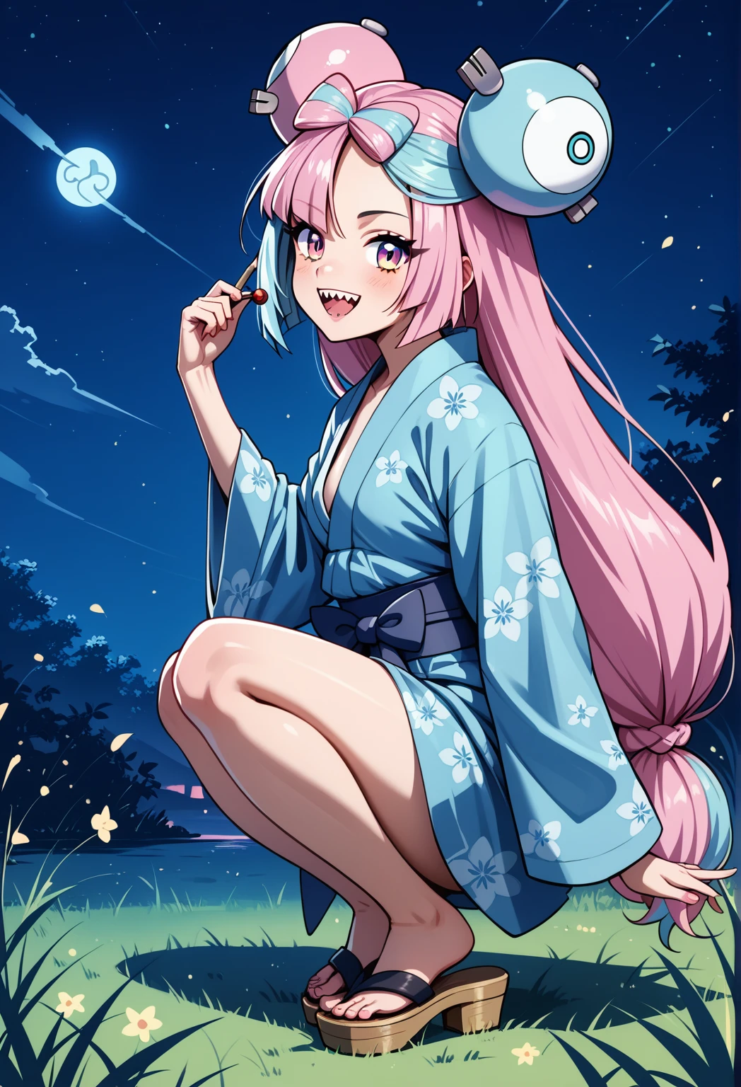 BREAK Those_Anime-Series, (pokemon iono, blue hair, bow-shaped hair, character hair ornament, hair ornament, long hair, low-tied long hair, multicolored hair, pink hair, sharp teeth, split-color hair, twintails, two-tone hair, pink eyes, , small breasts, night, grass, squatting, yukata, japanese clothes, floral print, from side, smile, looking at viewer, sandals,