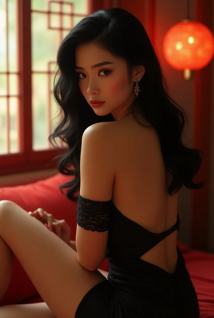 Sexy beauty，age 22，Erotic black panties，Sheer lace，Spread your legs high，Spread your legs high，Spread your legs high，ruddy，with her mouth open，Eyes closed slightly，The expression is shy，8K，a professional shot of