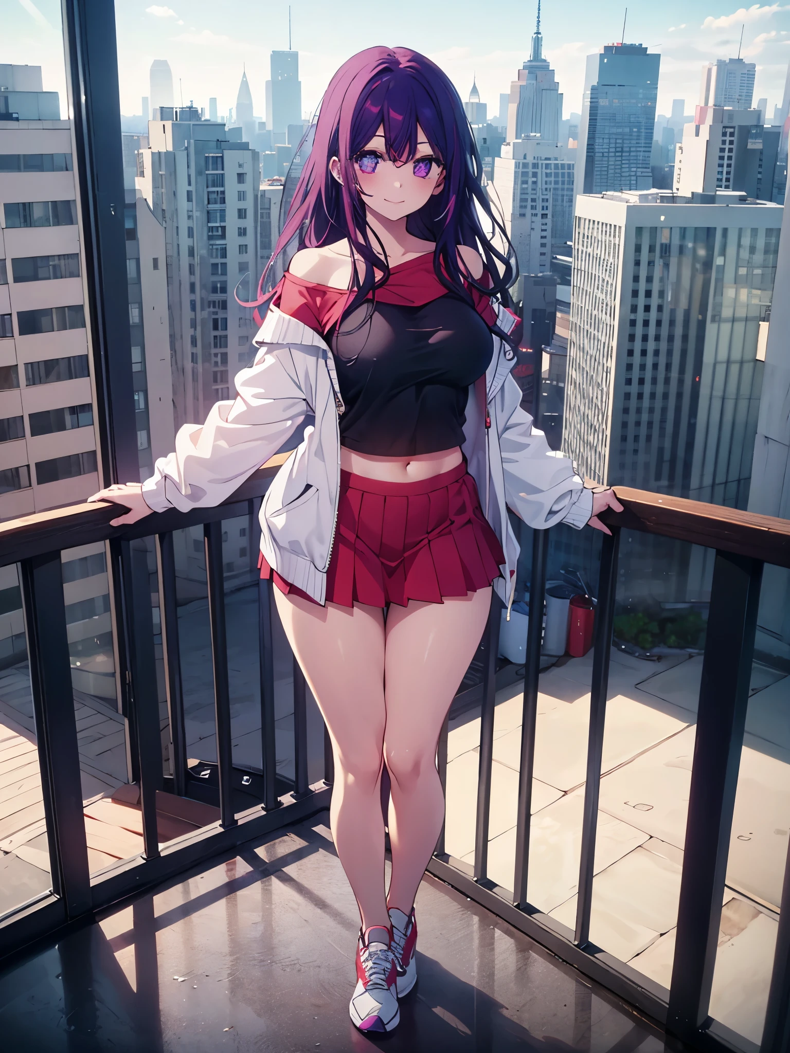 realistic image, coherent image, detailed image, 1 beautiful girl. She has purple hair, long hair. Her eyes are berry pink, with a six-pointed star in each of her eyes, long eyelashes. Her face is oval and delicate, smiling. She is wearing a long-sleeved off-the-shoulder t-shirt, showing her navel, pleated mini skirt, sneakers, she has a curvy body, medium breasts, thick thighs, urban background, surrounded by buildings, natural lighting, volumetric lighting,