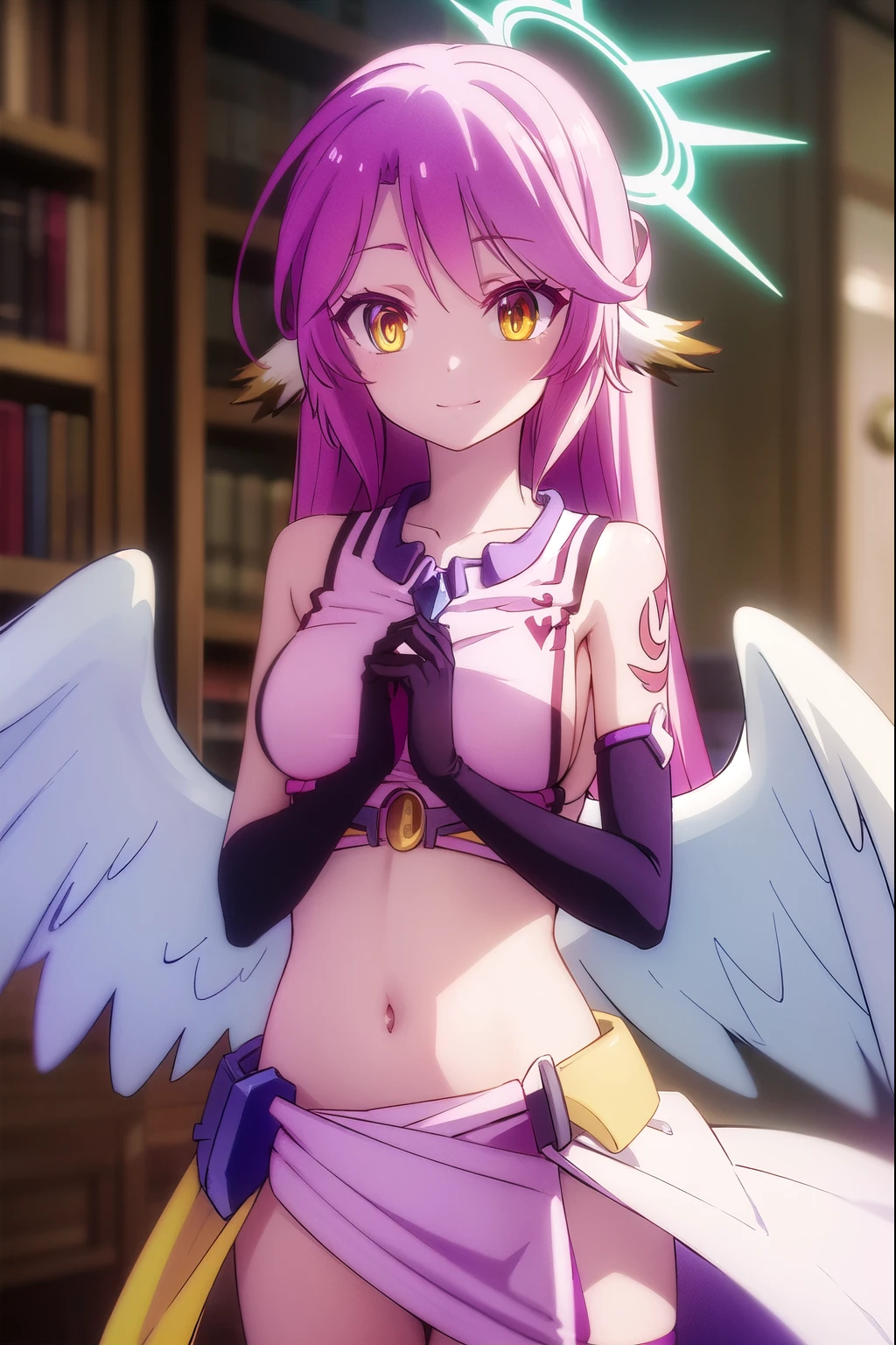 jibril, BREAK jibril, angel, angel wings, animal ears, bird ears, compass rose halo, feathered wings, feathers, gradient hair, halo, long hair, low wings, multicolored hair, navel, pink hair, symbol-shaped pupils, tattoo, white wings, wing ears, wings, (yellow eyes:1.5), smile,
BREAK asymmetrical legwear, crop top, cross, gloves, mismatched legwear, sideboob,
BREAK indoors, library,
BREAK looking at viewer, (cowboy shot:1.5),
BREAK (masterpiece:1.2), best quality, high resolution, unity 8k wallpaper, (illustration:0.8), (beautiful detailed eyes:1.6), extremely detailed face, perfect lighting, extremely detailed CG, (perfect hands, perfect anatomy),