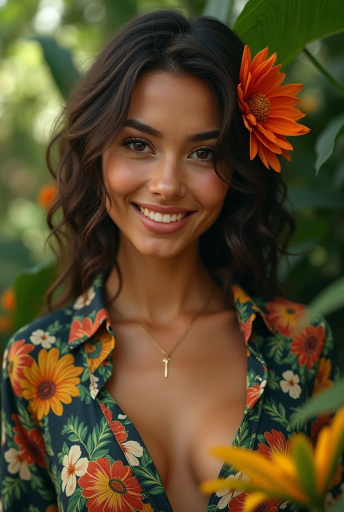 A Brazilian woman in a lush tropical garden, wearing an open shirt with a floral print, with a close-up capturing the harmonious beauty between her breasts and the natural flowers, showing off your natural charm and outgoing personality.