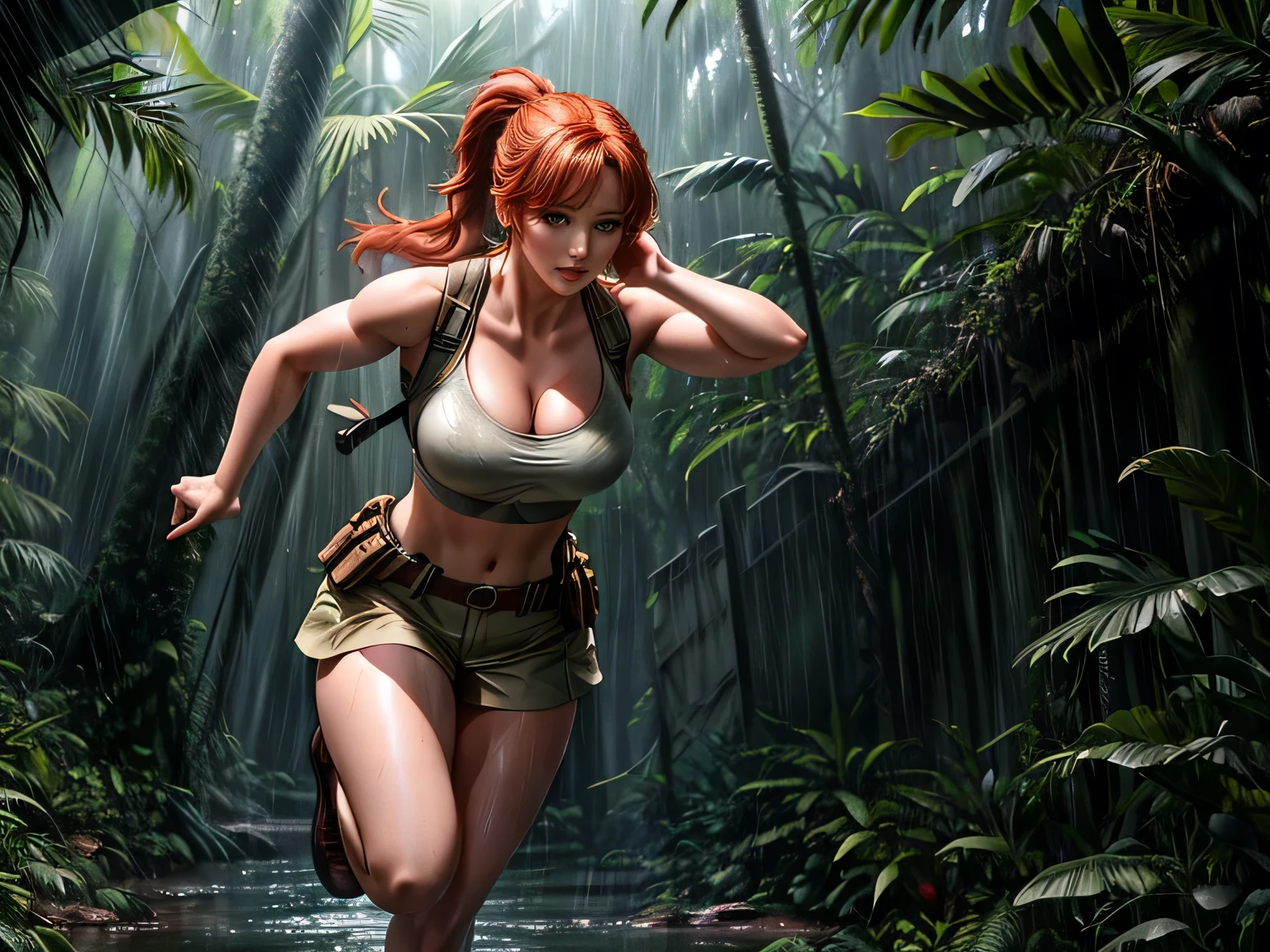 Full body Cinematic lighting Ray tracing Backlight Stunning detail Ultra detailed (8K) High resolution Pixar 3D animation style Red-haired woman with high ponytail Sleeveless white athletic crop top Beige hunter-style cargo shorts Two dual-pocket storage bags strapped to calves (secured with nylon straps) Short leather boots Round face, pale skin, freckles Round earrings Medium chest, cleavage Small hips Running through tropical jungle at night Heavy rain, wet body, soaked clothes Moonlit night, shadows and glimmers Frightened expression (1.7) Inspired by Jurassic World (2015), Bryce Dallas Howard Dynamic shot Panic and fear in a deserted tropical jungle