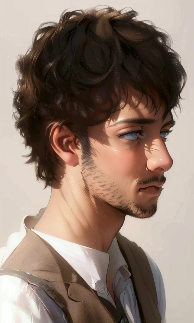 a close up portrait of a man with a disheveled, messy, wavy, short and brown hair, short unshaven beard, wearing a vest, detailed facial features, beautiful eyes, beautiful lips, extremely detailed face, long eyelashes, (best quality,4k,8k,highres,masterpiece:1.2),ultra-detailed,(realistic,photorealistic,photo-realistic:1.37),HDR,UHD,studio lighting,ultra-fine painting,sharp focus,physically-based rendering,extreme detail description,professional,vivid colors,bokeh,portrait