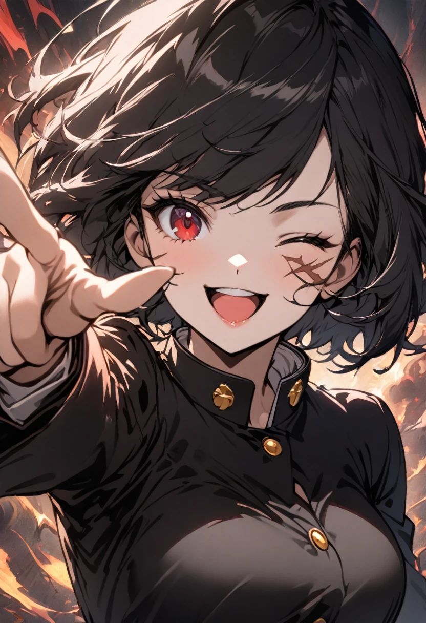 /anim 1girl, one eye closed, solo, black hair, short hair, school uniform, upper body, looking at viewer, smile, scar, red eyes, open mouth, pointing, scar on face, long sleeves, breasts, black jacket, gakuran, pointing at viewer