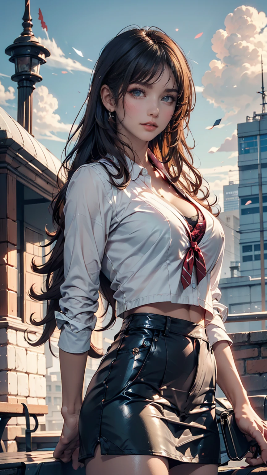 high-definition images, atmospheric perspective, 8k, super detail, accurate, best quality, a westerner woman, ecstasy face, smiling, drooping eyes, round face, realistic skin, blush, unbuttoned shirt, skirt, earrings, thick braid hair, small park, fountain, skyscrapers, strong sunlight, crouching, spread legs, show of pubic hair, angle from below,