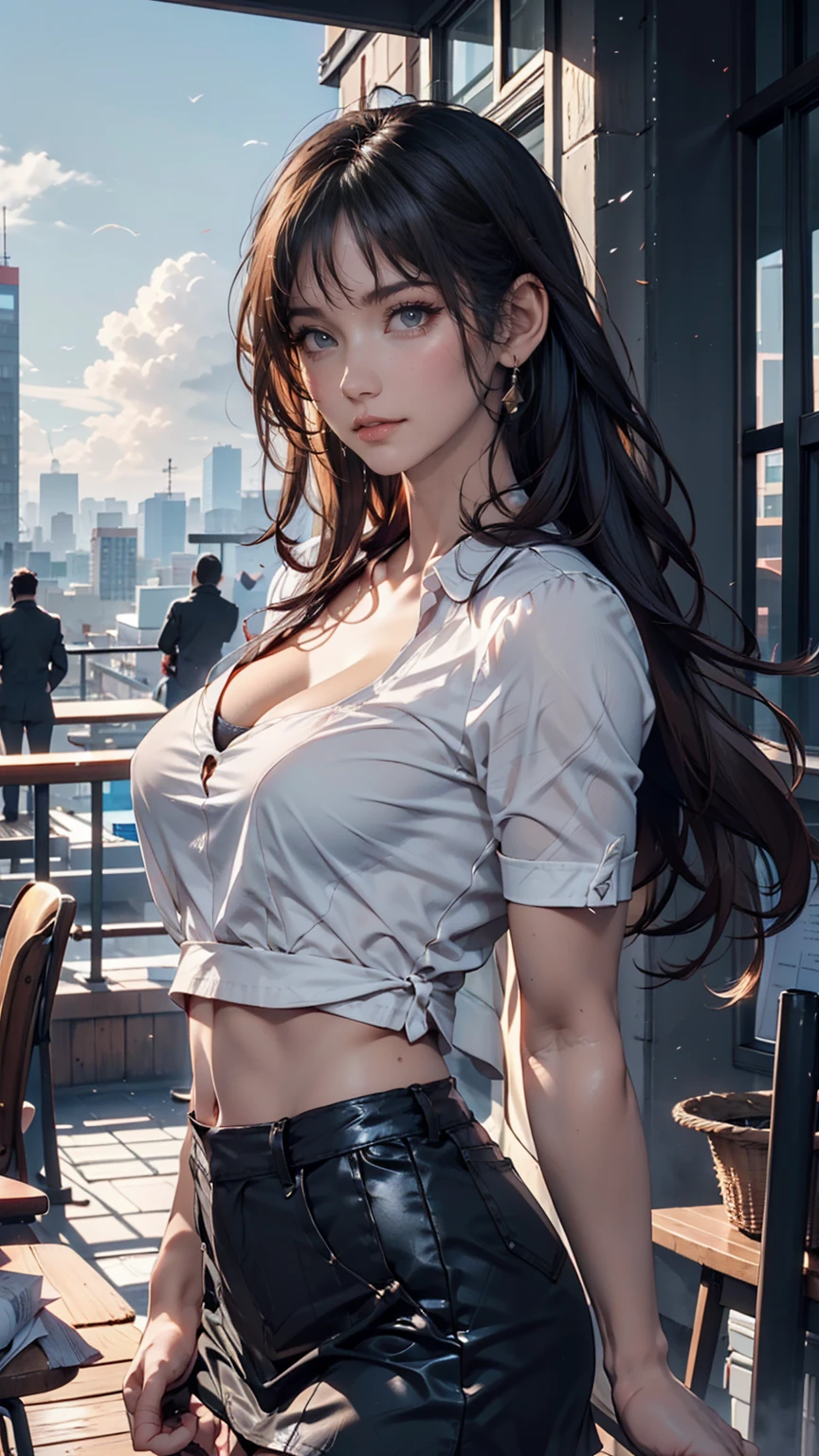 (highest quality, High resolution, , perfect pixel, 4k,), 1 girl, single, alone, Beautiful woman、I could see the whole body、 ((wavy middle hair, bangs, brown hair)), ((brown eyes, beautiful eyelashes, realistic eyes)), ((detailed face, blush:1.2)), ((smooth texture:0.75, realistic texture:0.65, realistic:1.1, Anime CG style)), medium breasts, dynamic angle, perfect body, ((, female teacher, , earrings、necklace、Damaged clothes 、turtleneck sweater、black mini skirt、black knee high stockings、open both legs wide、、shy smile)), upper grade、、、evening、、(pink lace panties are visible、、(Bring your chest and arms together、Lift up your skirt and show your panties、The wind blows up my skirt)、angle from below)、