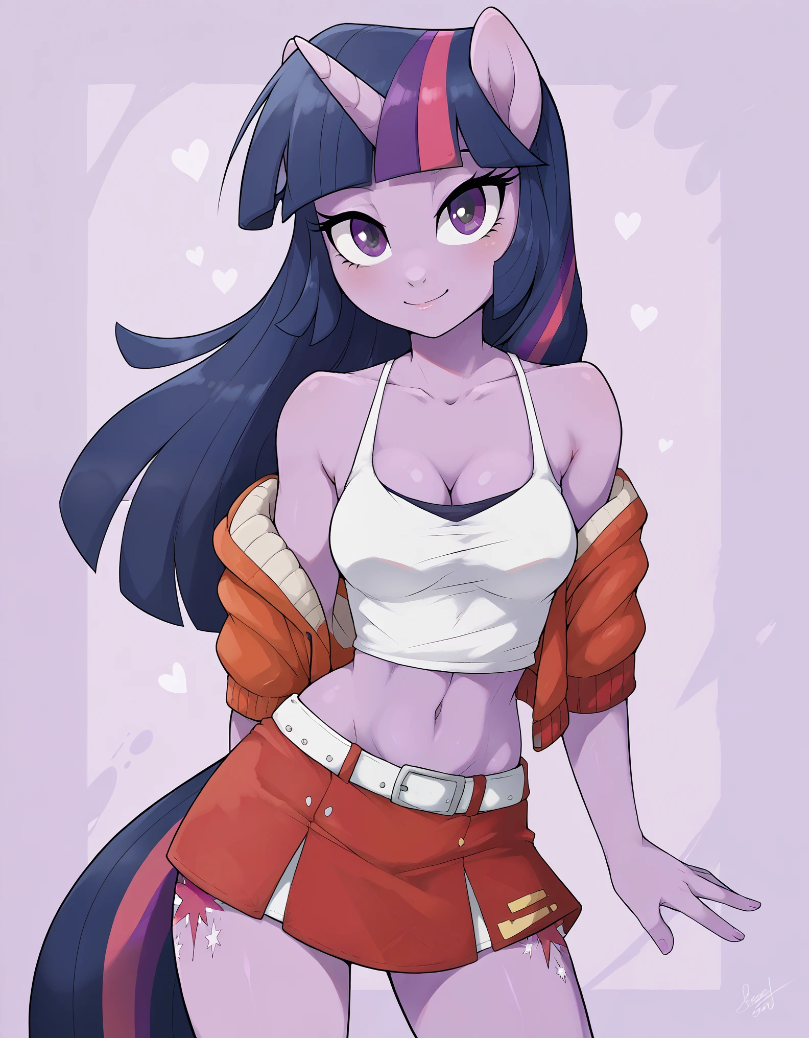 score_9, score_8_up, score_7_up, source_furry, rating_safe, female, cute anthro female, cute face, detailed background, looking at viewer, solo, solo focus, (digital pen line-art, soft lines, soft shading, pinup, cartoon, anime:1.2), twilight sparkle, purple skin, purple eyes, anthro,, short red sleeveless jacket with a black undershirt, midriff, cleavage, busty, dance floor, small red skirt held with a white belt, skin-tight shorts, dancing, (medium breast:1.2), cutie mark, SparkleXL, Twilight sparkle