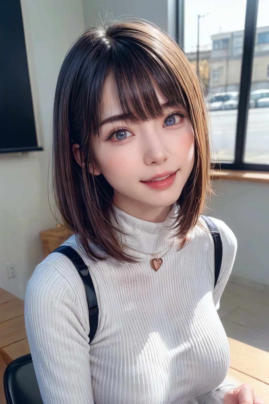 table top, highest quality, Photoreal, finely, High resolution, 8k wallpaper, perfect dynamic composition, detailed and beautiful eyes, medium hair, big and full breasts, random sexy poses,random situation、tight gray knit、chest bulge、laughter、cityscape、25 years old、(droopy eyes 1.3)、adult beauty、natural makeup、Japanese