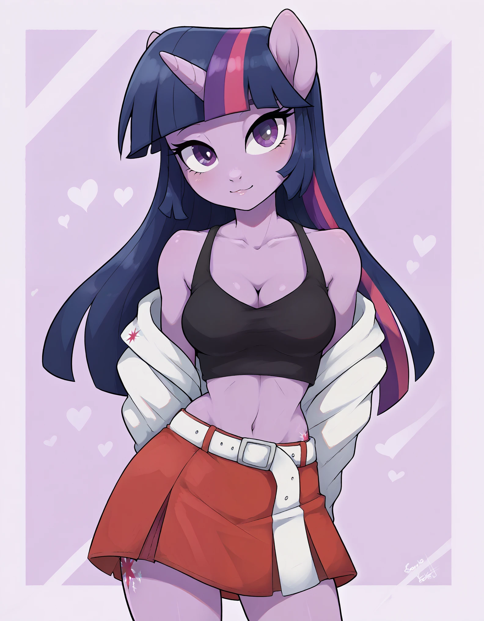 score_9, score_8_up, score_7_up, source_furry, rating_safe, female, cute anthro female, cute face, detailed background, looking at viewer, solo, solo focus, (digital pen line-art, soft lines, soft shading, pinup, cartoon, anime:1.2), twilight sparkle, purple skin, purple eyes, anthro,, short red sleeveless jacket with a black undershirt, midriff, cleavage, busty, dance floor, small red skirt held with a white belt, skin-tight shorts, dancing, (medium breast:1.2), cutie mark, SparkleXL, Twilight sparkle