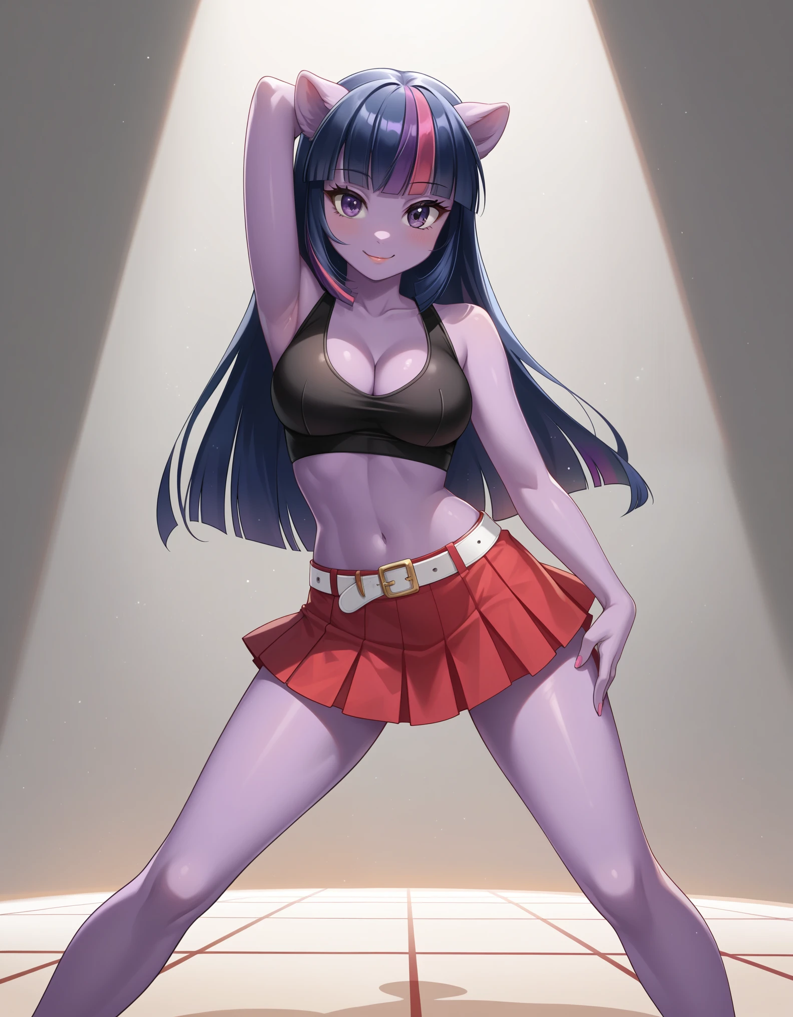 score_9, score_8_up, score_7_up, source_furry, rating_safe, female, cute anthro female, cute face, detailed background, looking at viewer, solo, solo focus, (digital pen line-art, soft lines, soft shading, pinup, cartoon, anime:1.2), twilight sparkle, purple skin, purple eyes, anthro,, short red sleeveless jacket with a black undershirt, midriff, cleavage, busty, dance floor, small red skirt held with a white belt, skin-tight shorts, dancing, (medium breast:1.2), cutie mark, SparkleXL, Twilight sparkle