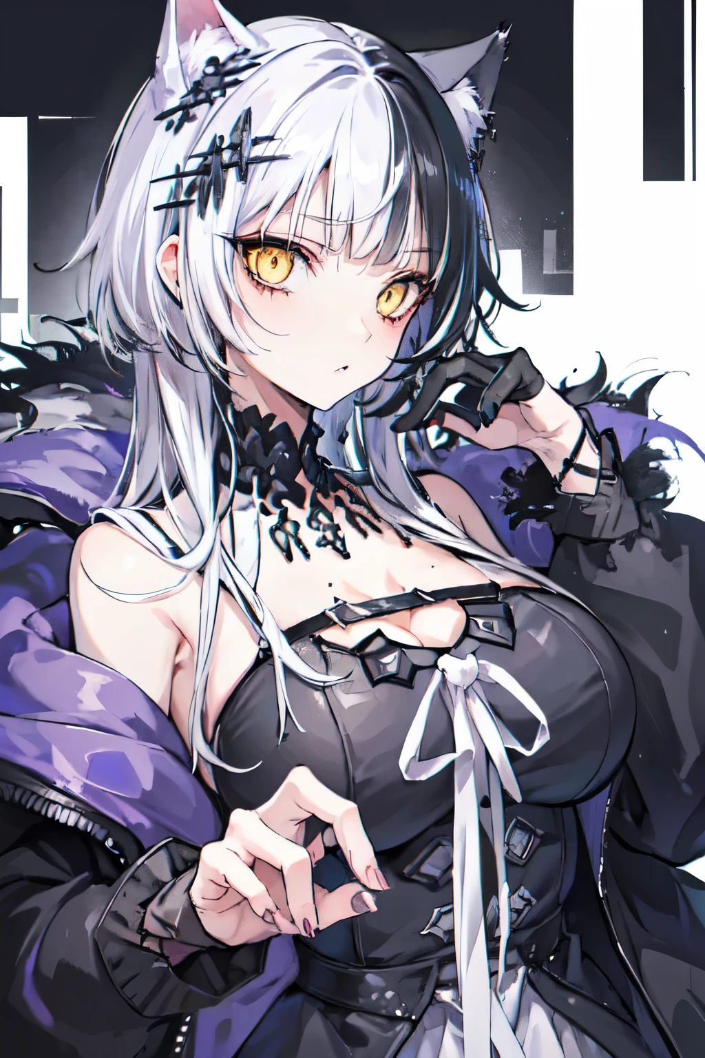 best quality, expressive eyes, perfect face, white hair, black jacket, cat ears, cat eyes, yellow eyes, long hair, huge breasts, one female,