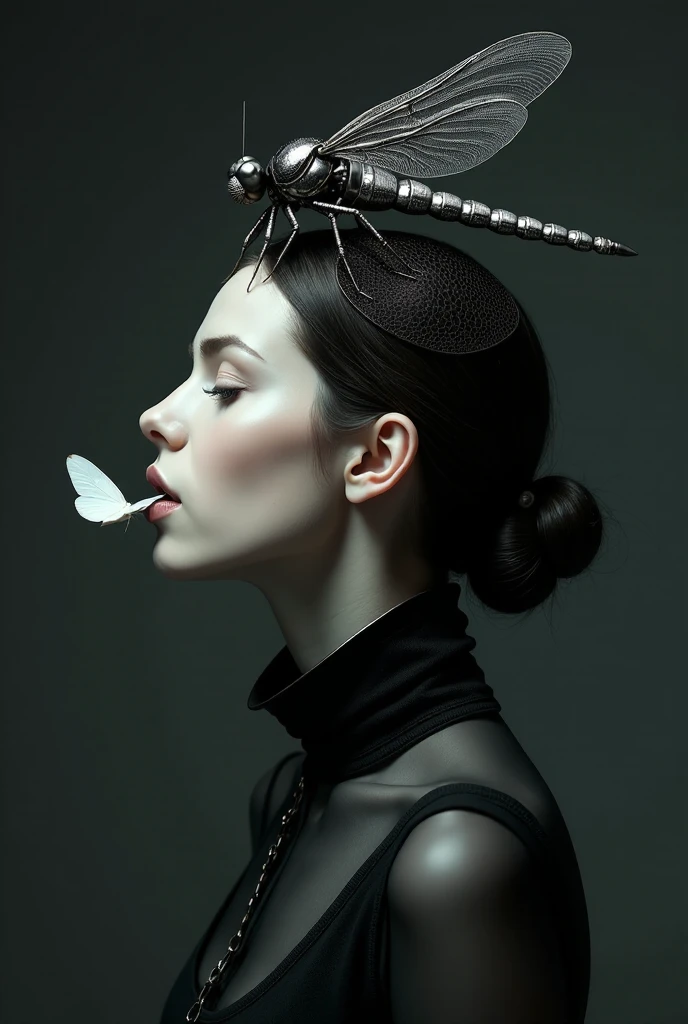 A surrealistic, hyper-detailed portrait of a woman in profile, wearing a dark, translucent high-collared dress. A white butterfly on her tongue. Her head is adorned with a complex metallic headpiece, covered by a fine mesh that conceals her face. Atop her head, a large metallic dragonfly perches, its wings spread wide, with intricate, realistic details. The entire image is rendered in a dark, monochromatic color palette with soft, moody lighting, creating a mysterious and futuristic atmosphere. The composition merges elements of gothic, futuristic design, and insect-inspired surrealism.
Prompt Negativo