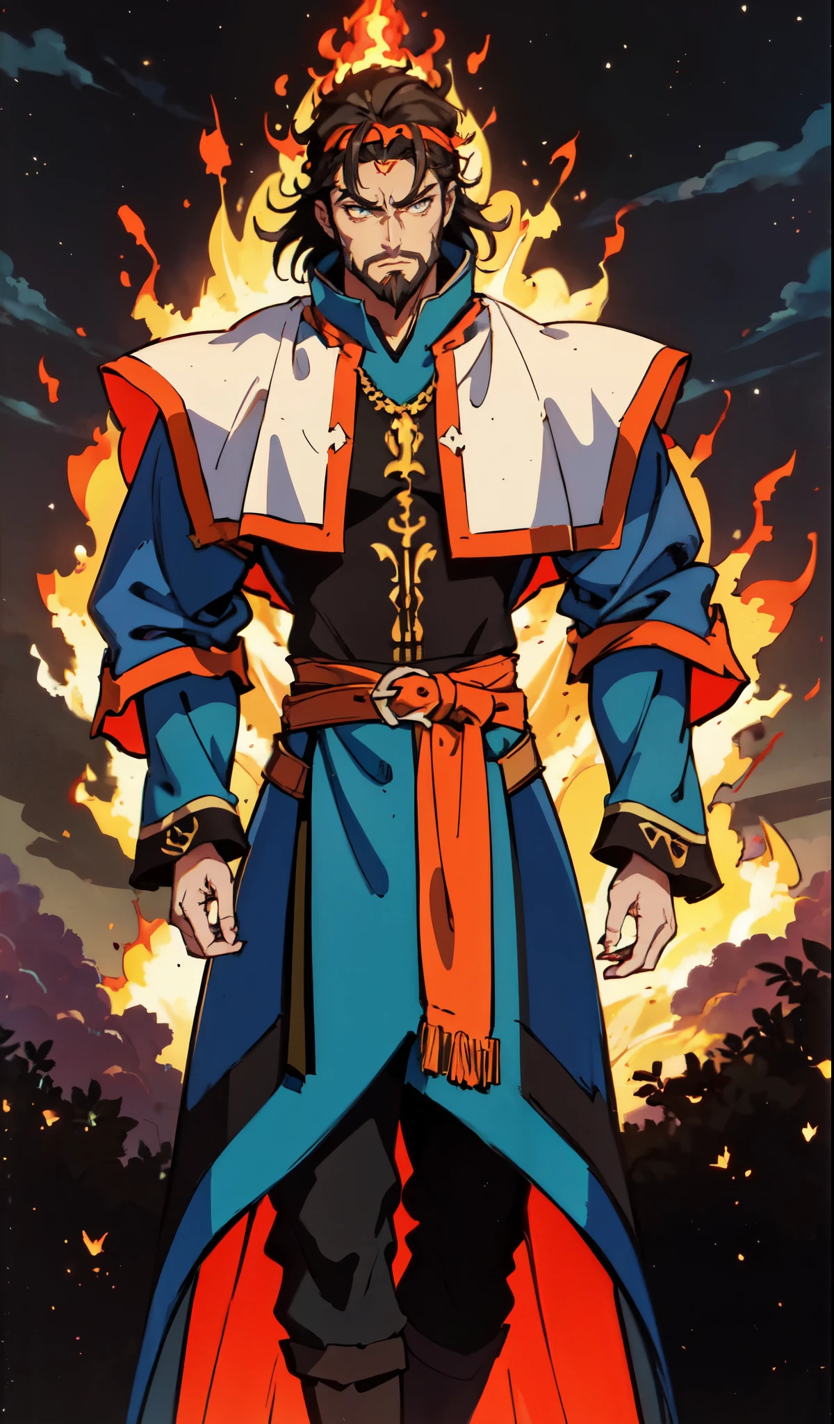 (masterpiece:1.2, best quality:1.2, extremely delicate:1.2), ((male:1.5)), a middle-aged man with medium-length black hair, a yellow headband, thick eyebrows, focused gaze, dignified face, large beard, tall and slender physique, a fantasy-style mage robe, the color scheme is primarily Yellow with White and Black accents, large wide hem, large shoulder armor resembling a cloak, a fire dragon belt, fabric trousers, the background features a thundercloud sky lit up by a red glow from the flames, this character embodies a finely crafted fantasy-style mage in anime style, exquisite and mature manga art style, dramatic, high definition, highres, ultra-detailed, ultra-fine painting, professional, perfect body proportions, golden ratio, anatomically correct, symmetrical face, extremely detailed eyes and face, high quality eyes, creativity, RAW photo, UHD, 32k, Natural light, cinematic lighting, (masterpiece-anatomy-perfect:1.2)
