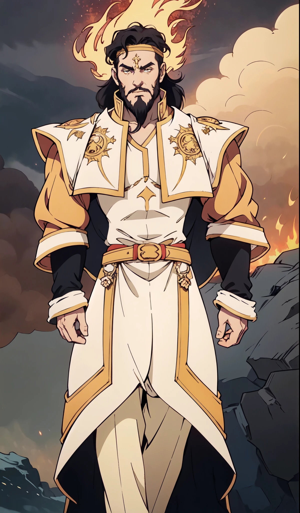 (masterpiece:1.2, best quality:1.2, extremely delicate:1.2), ((male:1.5)), a middle-aged man with medium-length black hair, a yellow headband, thick eyebrows, focused gaze, dignified face, large beard, tall and slender physique, a fantasy-style mage robe, the color scheme is primarily Yellow with White and ‎Black accents, large wide hem, large shoulder armor resembling a cloak, a fire dragon belt, fabric trousers, the background features a thundercloud sky lit up by a red glow from the flames, this character embodies a finely crafted fantasy-style mage in anime style, exquisite and mature manga art style, dramatic, high definition, highres, ultra-detailed, ultra-fine painting, professional, perfect body proportions, golden ratio, anatomically correct, symmetrical face, extremely detailed eyes and face, high quality eyes, creativity, RAW photo, UHD, 32k, Natural light, cinematic lighting, (masterpiece-anatomy-perfect:1.2)