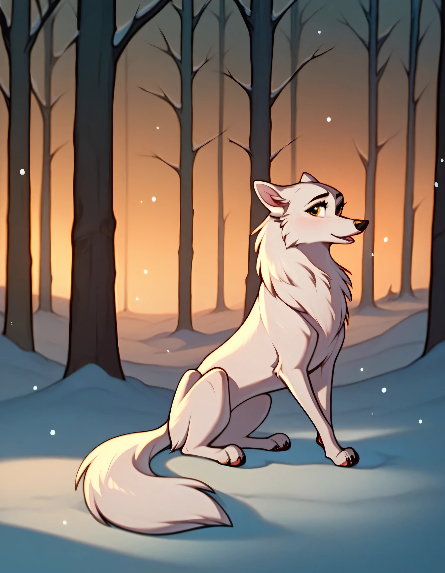 Score_9, Score_8_up, Score_7_up, Score_6_up, Score_5_up, Score_4_up, 1 girl, animal, Jenna (Balto), with soft red and white fur, with an elegant and slender canine body. It has a slim waist and well-proportioned hindquarters, exuding natural grace. Her amber eyes focus directly on the viewer with a playful, flirtatious and shy expression, Jenna is in a seductive and natural animal pose in a snowy forest, with soft, diffuse winter light creating a warm and captivating atmosphere. The high resolution, highly detailed fur and delicate snowflakes add charm and beauty to the scene.