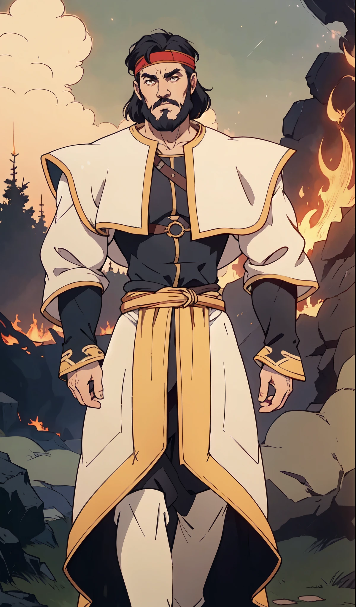 (masterpiece:1.2, best quality:1.2, extremely delicate:1.2), ((male:1.5)), a middle-aged man with medium-length black hair, a yellow headband, thick eyebrows, focused gaze, dignified face, large beard, tall and slender physique, a fantasy-style mage robe, the color scheme is primarily Yellow with White and Black accents, large wide hem, large shoulder armor resembling a cloak, a fire dragon belt, fabric trousers, the background features a thundercloud sky lit up by a red glow from the flames, this character embodies a finely crafted fantasy-style mage in anime style, exquisite and mature manga art style, dramatic, high definition, highres, ultra-detailed, ultra-fine painting, professional, perfect body proportions, golden ratio, anatomically correct, symmetrical face, extremely detailed eyes and face, high quality eyes, creativity, RAW photo, UHD, 32k, Natural light, cinematic lighting, (masterpiece-anatomy-perfect:1.2)