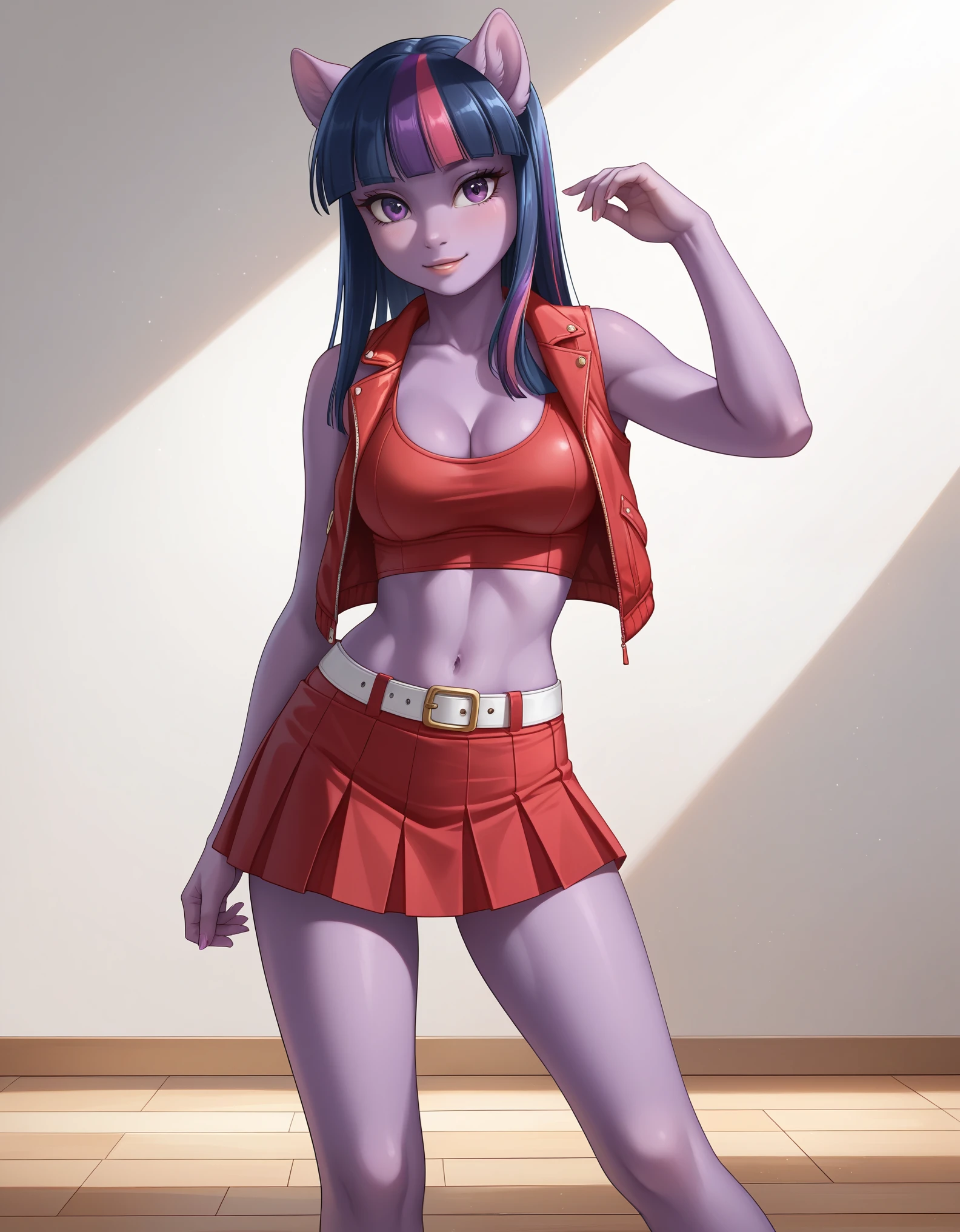 score_9, score_8_up, score_7_up, source_furry, rating_safe, female, cute anthro female, cute face, detailed background, looking at viewer, solo, solo focus, (digital pen line-art, soft lines, soft shading, pinup, cartoon, anime:1.2), twilight sparkle, purple skin, purple eyes, anthro,, short red sleeveless jacket with a black undershirt, midriff, cleavage, busty, dance floor, small red skirt held with a white belt, skin-tight shorts, dancing, (medium breast:1.2), cutie mark, SparkleXL, Twilight sparkle