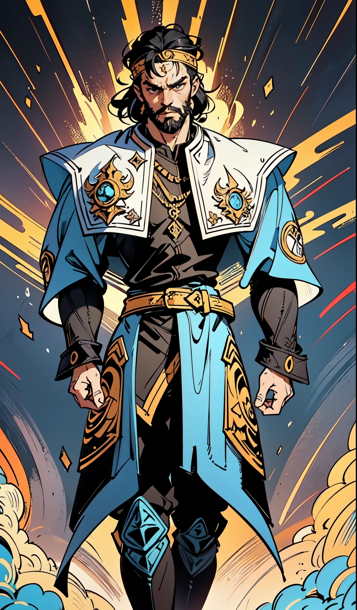 (masterpiece:1.2, best quality:1.2, extremely delicate:1.2), ((male:1.5)), a middle-aged man with medium-length black hair, a yellow headband, thick eyebrows, focused gaze, dignified face, large beard, tall and slender physique, a fantasy-style mage robe, the color scheme is primarily Yellow with White and ‎Black accents, large wide hem, large shoulder armor resembling a cloak, a fire dragon belt, fabric trousers, the background features a thundercloud sky lit up by a red glow from the flames, this character embodies a finely crafted fantasy-style mage in anime style, exquisite and mature manga art style, dramatic, high definition, highres, ultra-detailed, ultra-fine painting, professional, perfect body proportions, golden ratio, anatomically correct, symmetrical face, extremely detailed eyes and face, high quality eyes, creativity, RAW photo, UHD, 32k, Natural light, cinematic lighting, (masterpiece-anatomy-perfect:1.2)