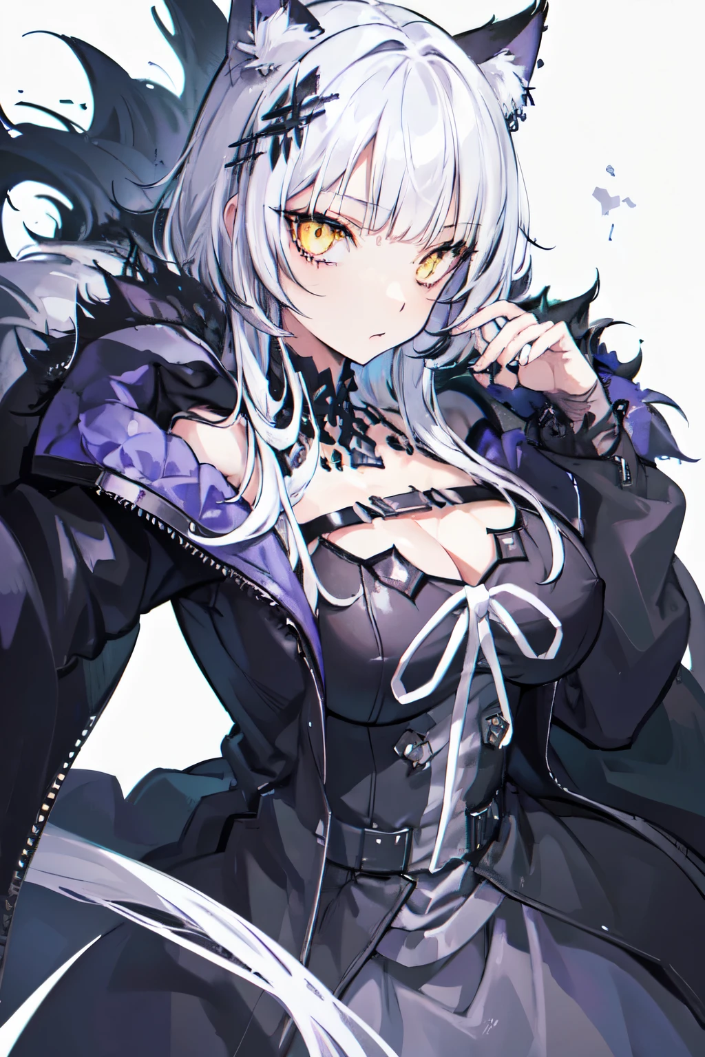 best quality, expressive eyes, perfect face, white hair, black jacket, cat ears, cat eyes, yellow eyes, long hair, huge breasts, one female,