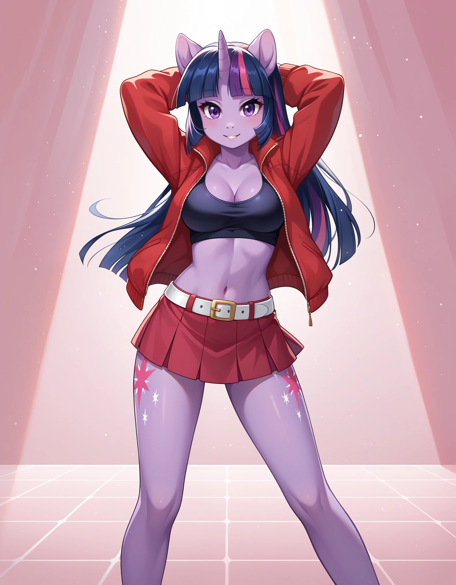 score_9, score_8_up, score_7_up, source_furry, rating_safe, female, cute anthro female, cute face, detailed background, looking at viewer, solo, solo focus, (digital pen line-art, soft lines, soft shading, pinup, cartoon, anime:1.2), twilight sparkle, purple skin, purple eyes, anthro,, short red sleeveless jacket with a black undershirt, midriff, cleavage, busty, dance floor, small red skirt held with a white belt, skin-tight shorts, dancing, (medium breast:1.2), cutie mark, SparkleXL, Twilight sparkle