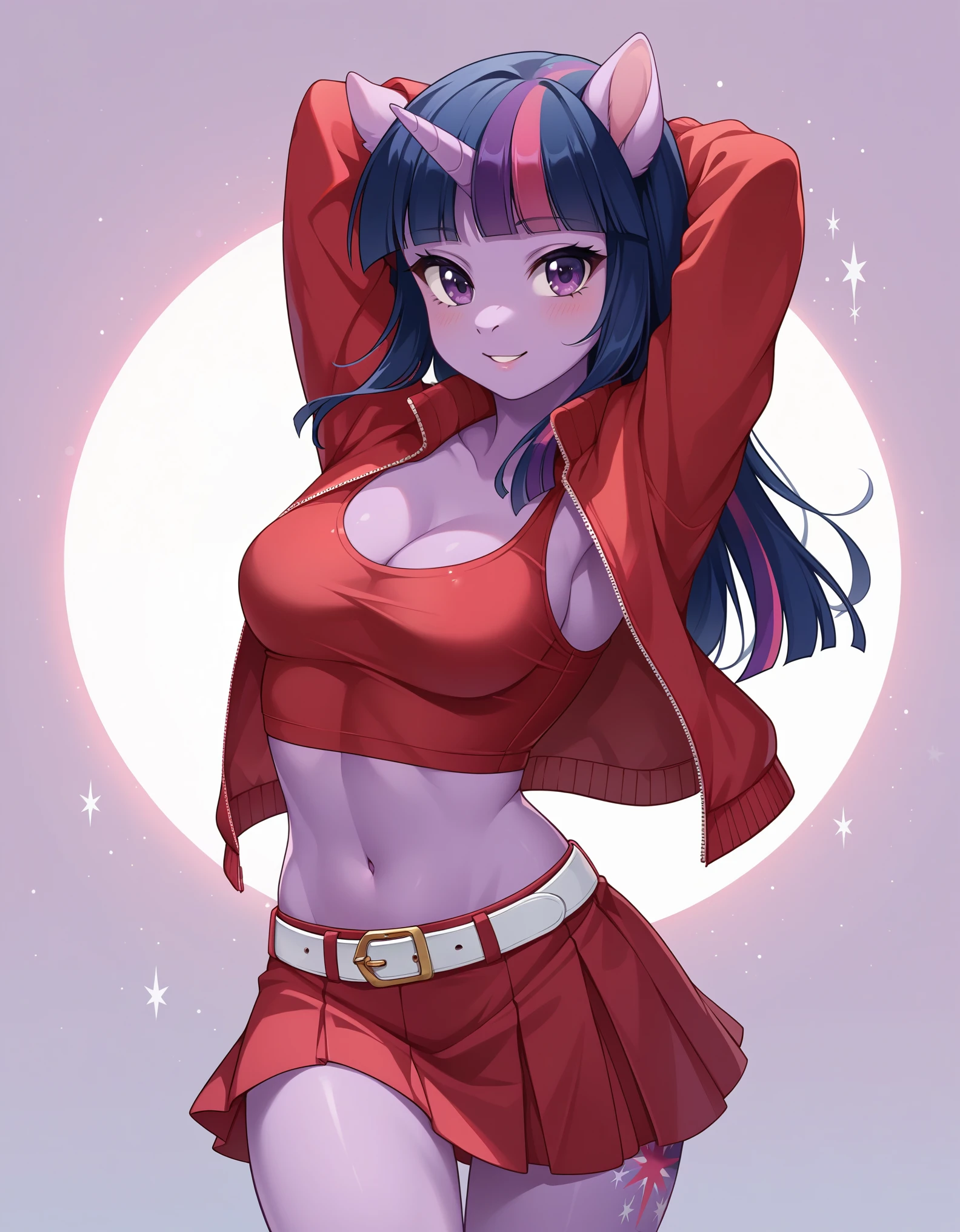 score_9, score_8_up, score_7_up, source_furry, rating_safe, female, cute anthro female, cute face, detailed background, looking at viewer, solo, solo focus, (digital pen line-art, soft lines, soft shading, pinup, cartoon, anime:1.2), twilight sparkle, purple skin, purple eyes, anthro,, short red sleeveless jacket with a black undershirt, midriff, cleavage, busty, dance floor, small red skirt held with a white belt, skin-tight shorts, dancing, (medium breast:1.2), cutie mark, SparkleXL, Twilight sparkle