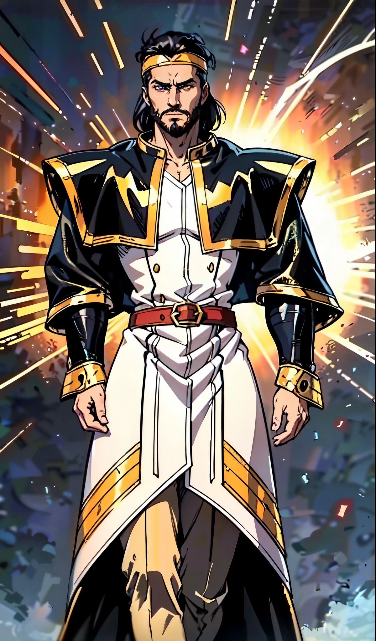 (masterpiece:1.2, best quality:1.2, extremely delicate:1.2), ((male:1.5)), a middle-aged man with medium-length black hair, a yellow headband, thick eyebrows, focused gaze, dignified face, large beard, tall and slender physique, a fantasy-style mage robe, the color scheme is primarily Yellow with White and ‎Black accents, large wide hem, large shoulder armor resembling a cloak, a fire dragon belt, fabric trousers, the background features a thundercloud sky lit up by a red glow from the flames, this character embodies a finely crafted fantasy-style mage in anime style, exquisite and mature manga art style, dramatic, high definition, highres, ultra-detailed, ultra-fine painting, professional, perfect body proportions, golden ratio, anatomically correct, symmetrical face, extremely detailed eyes and face, high quality eyes, creativity, RAW photo, UHD, 32k, Natural light, cinematic lighting, (masterpiece-anatomy-perfect:1.2)