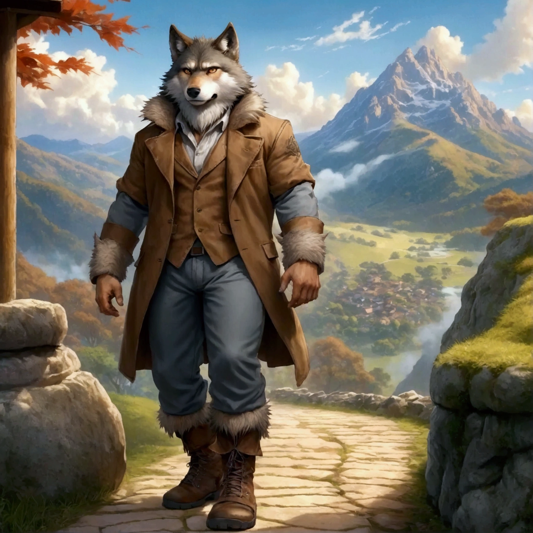 character focus, full body, looking away, dynamic angle, european fantasy, a middle-aged wolf man, heroic costume clothes, jacket, shirt, pants, dynamic pose, BREAK complete anatomy, perfect proportions, beautiful thigh gap, fluffy body, intricate fur details, beautiful fur texture, BREAK a detailed wolf 1tail, detailed boots, detailed foot, detailed hands, 5fingers, 5fingers nails, BREAK aesthetic anime face, insanity detailed face, male face, big face, square jawline, aesthetic anime eyes, detailed brown eyes, detailed brown cornea, detailed dark brown irises, detailed pupils, male eyes, big eyes, male eyebrows, innocent look, beautiful beard, BREAK full body in Michelangelo Buonarroti style, digital illustration anime, housamo style, detailed painting landscape, mountain, path, outdoor, full color, HDR, BREAK masterpiece, official art, best quality, very aesthetic, absurdres, super fine illustration, great quality, BREAK noise reduction, very highres, large filesize, high quality, 32K, 8k wallpaper, dynamic lighting, BREAK insanity detailed, ultra detailed, intricate details, extremely detailed, detailed texture, an extremely delicate and beautiful, BREAK osukemo, e621 illustration, kemohomo, anthropomorphic, furry, cartoon, harmonious body, pastoral face, virtuous eyes, epic atmosphere