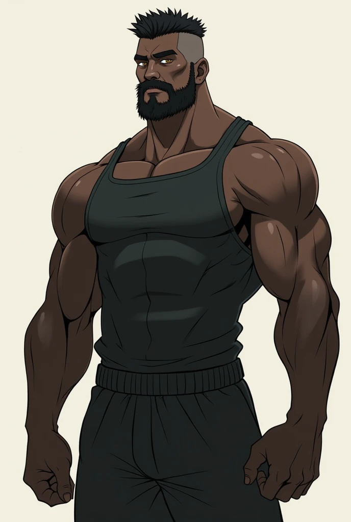 a black man with short hair shaved on the sides, diamond earring in the ears, in swim trunks, fully body, brown eye color. anime styling. very dark espresso skin color. wide nose, large lips
