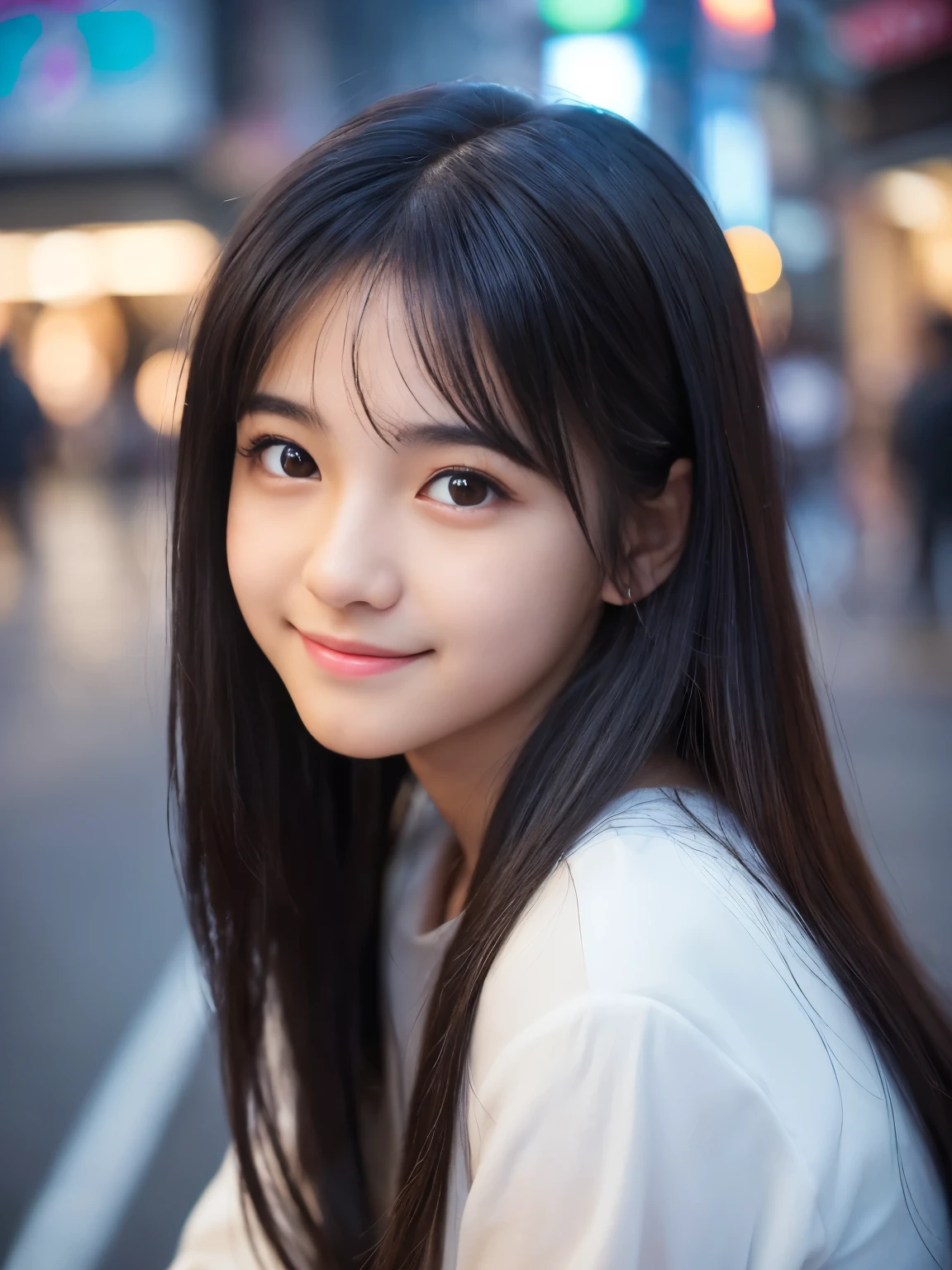 A perfect young female white-collar worker,Chinese,High picture quality,Works of masters,Black hair,Long hair flowing over the shoulders,Blured background,outside, Real Human,CG rendering,16k,depth of field, movie light, lens flare, Ray tracing, Stand up, smiles,Do not show your hands,Close-up shot