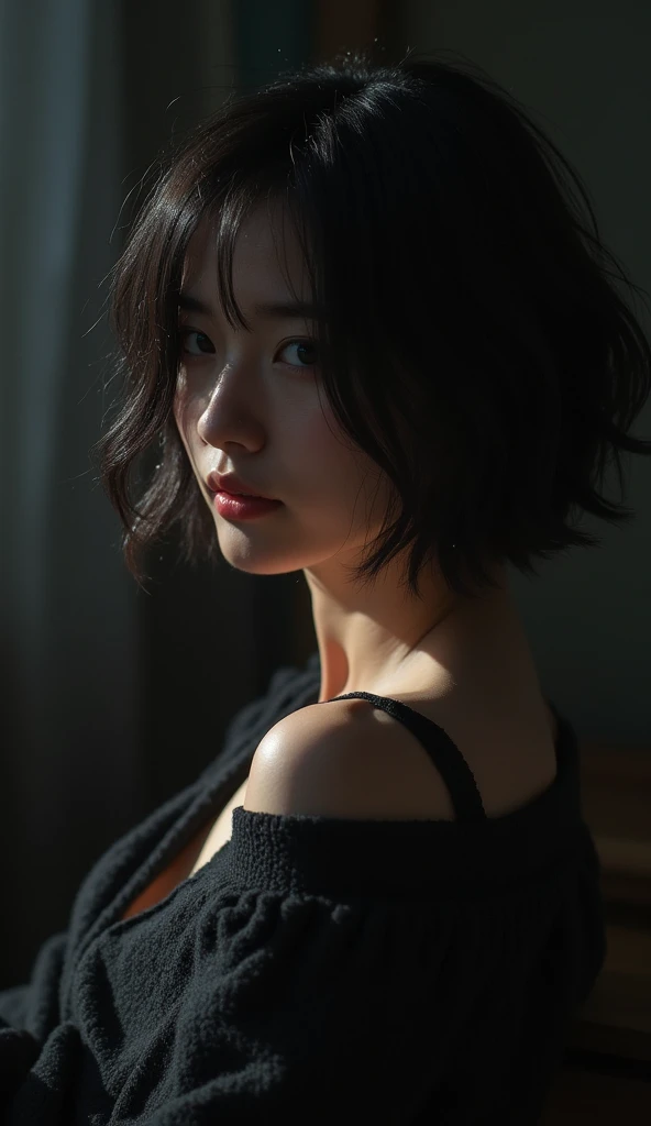 Best quality, masterpiece, ultra high res, (photorealistic:1.5), raw photo, 1girl, offshoulder, in the dark, deep shadow, low key, cold light, sexy look, short hair