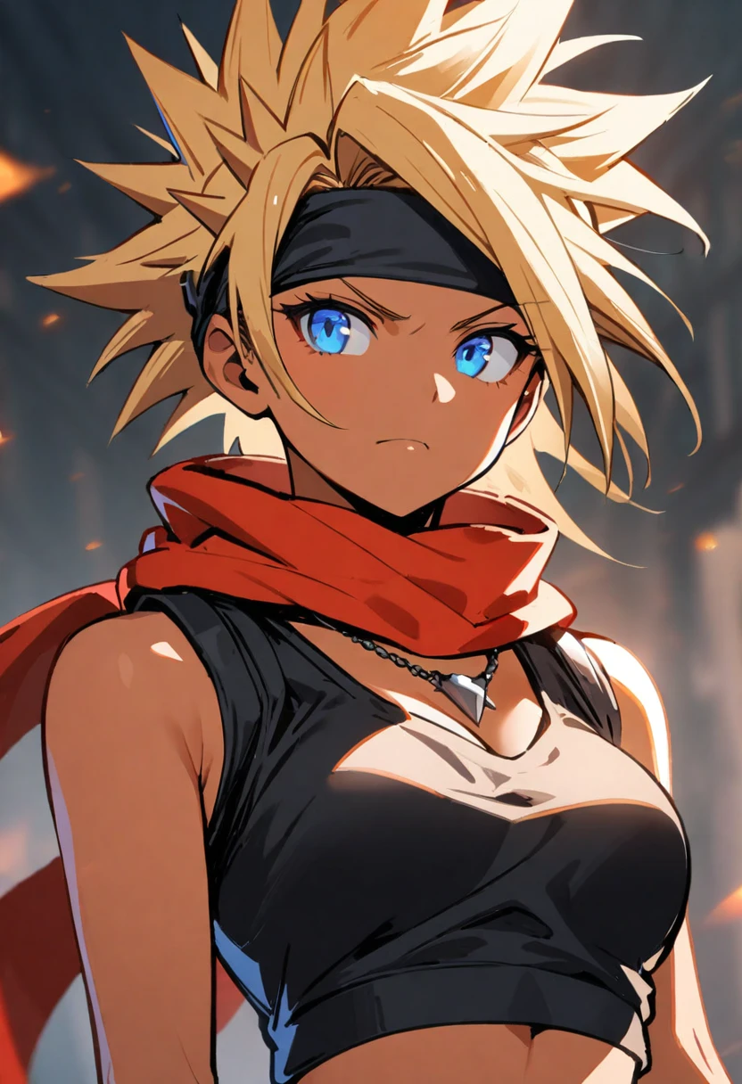 1girl, solo, upper body, spiky hair, blonde hair, blue eyes, tanned skin, ninja headband, orange crop top, black sleeveless jacket, red scarf, necklace, medium breasts, confident expression