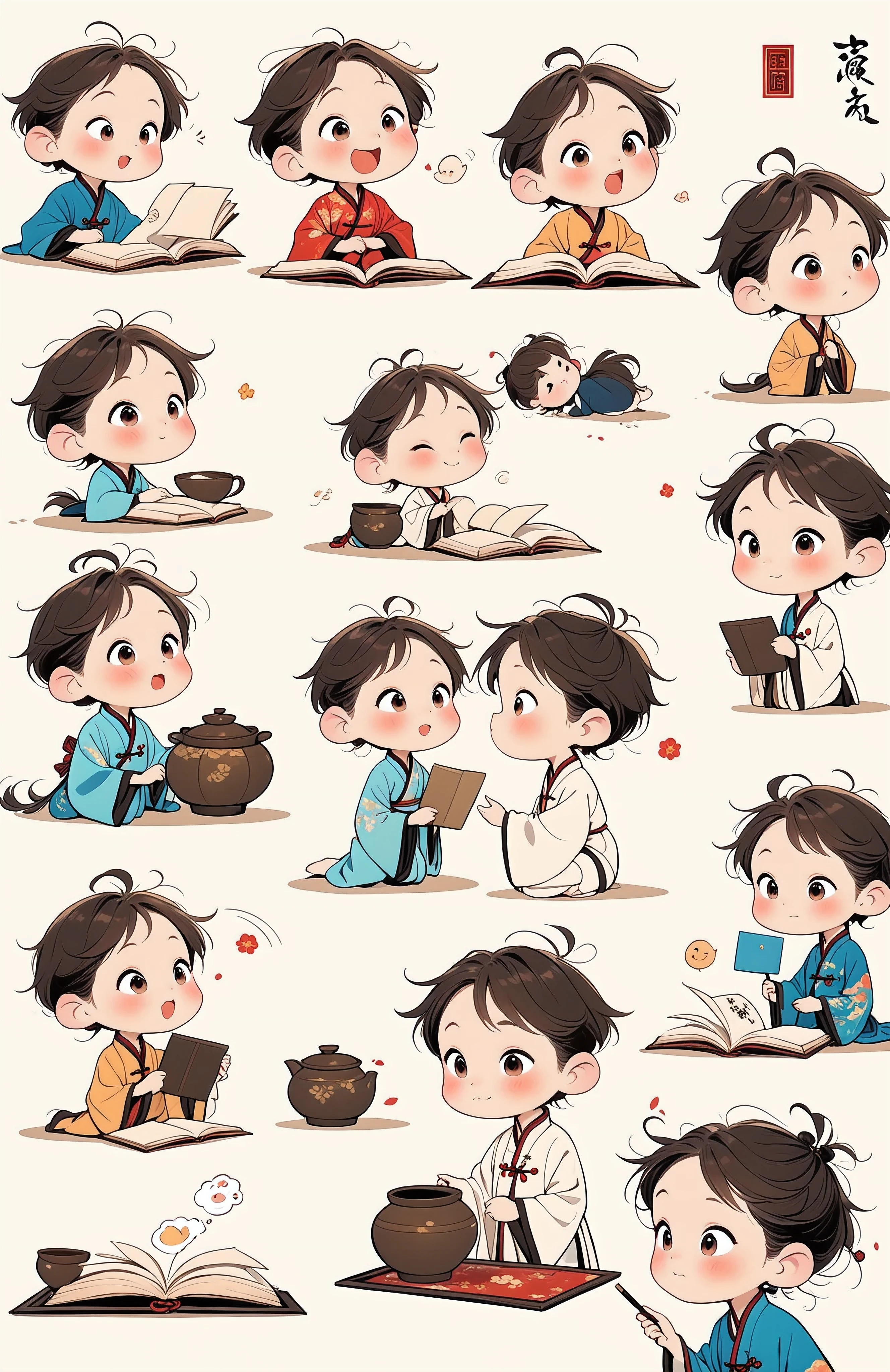 (masterpiece, best quality:1.5), 1 boy, alone,big eyes,a cute chinese boy,Chinese style, Men's style, Tang style,exaggerated expression,hair texture,messy bu,Cartoon style character design.A girl in a white robe reads, traditional clothes, animated character design, Chinese painting, light gray, cute, modest charm, emoticon package, multiple postures and expressions, anthropomorphic style, black strokes, different emotions, multiple poss and expressions, 8K, (White background:1.5),((Nine Palace Grid Layout)),(faux traditional media:1.8), (lineart:1.5),Clean Lines,Solid color background,Vibrant colors ,exceptionally high detail