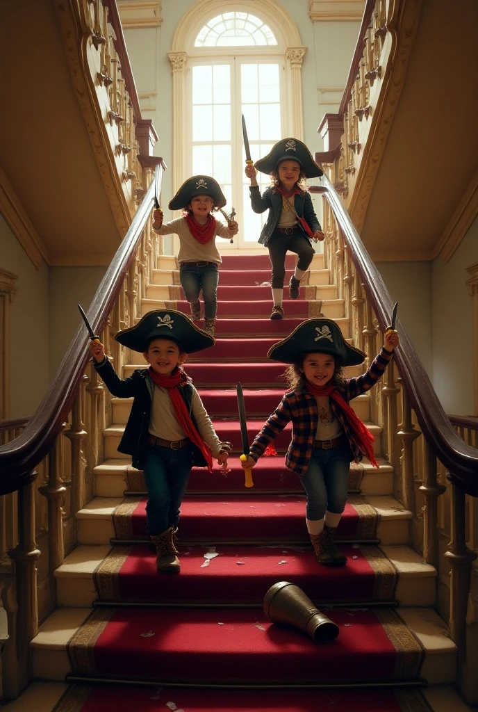 quality detailed faces,  further away from the scene,  A photograph of three white 12 year old happy children,  boy wearing costume of a pirate, girls wearing costumes of princess and maid, on stage , during the afternoon with natural lighting and shot with a wide-angle lens, captured with a professional DSLR camera, using a prime lens