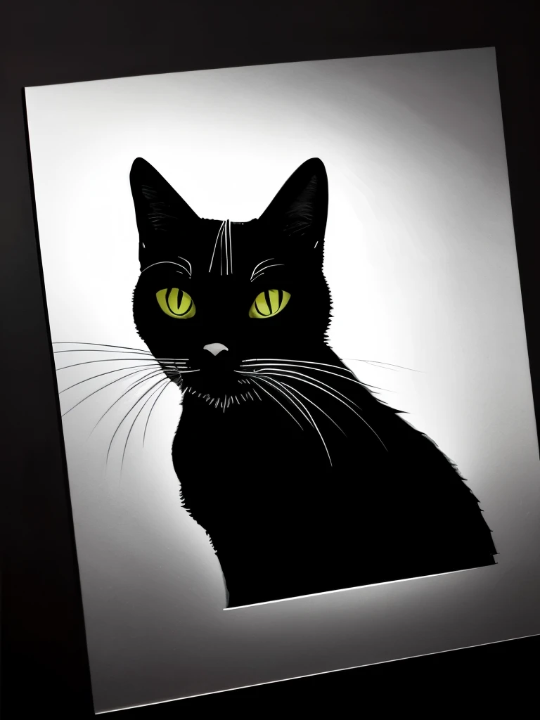 a black and white photo of a cat in the dark, a charcoal drawing by Caroline Lucy Scott, featured on pixabay, fine art, on black paper, cat silhouette, white ink sketch on black paper, detailed silhouette, chiaroscuro painting, black and white cat, chiaroscuro, monochrome drawing, light charcoal drawing, black silhouette