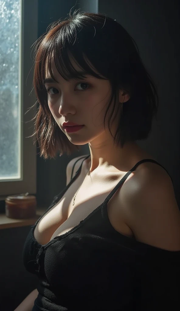 Best quality, masterpiece, ultra high res, (photorealistic:1.5), raw photo, 1girl, offshoulder, in the dark, deep shadow, low key, cold light, sexy look, short hair