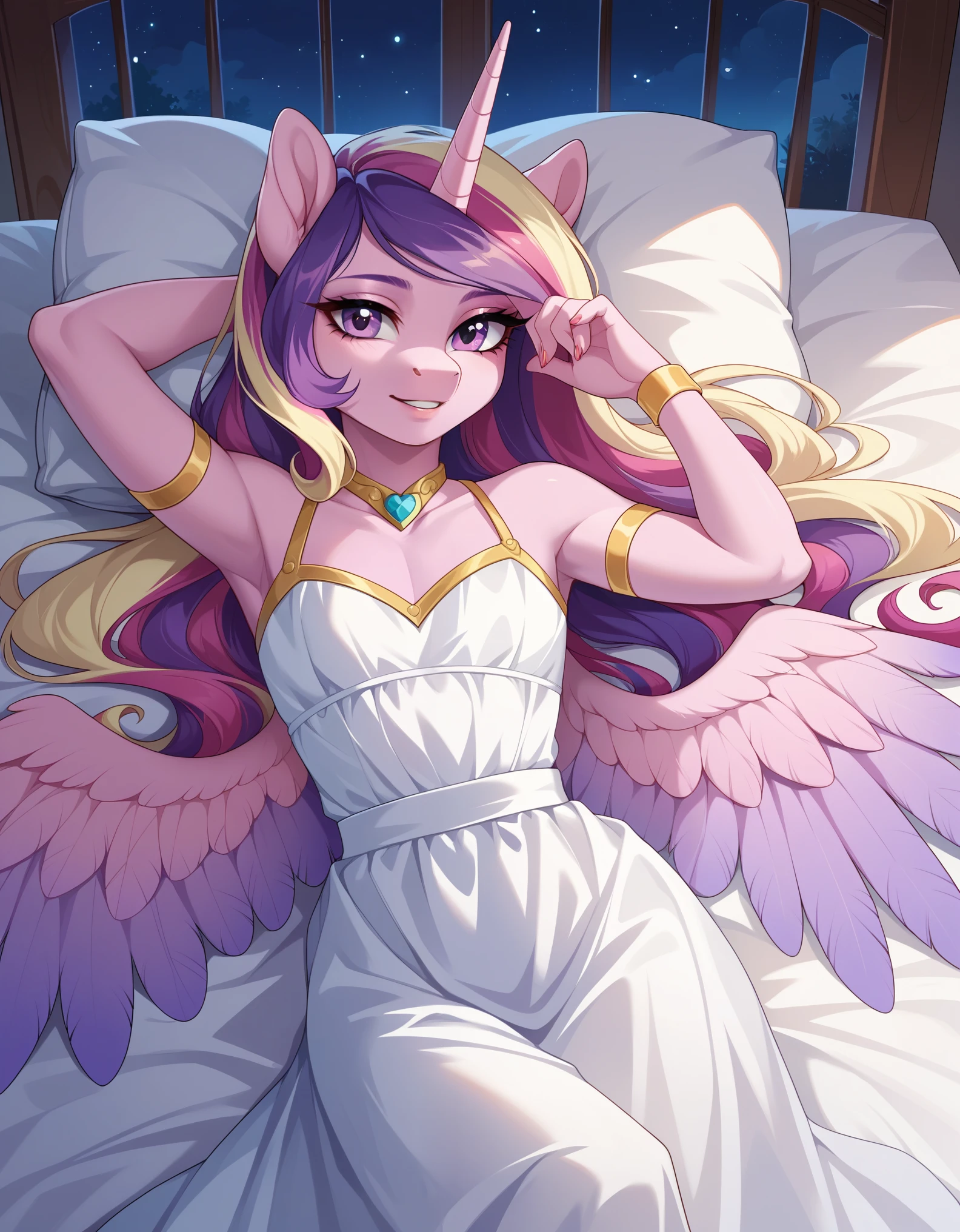 score_9, score_8_up, score_7_up, source_pony, rating_safe, an anthro princess cadance laying on her back on her bed under the moonlight at night, thin body, feminine body, hyperdetailed fur