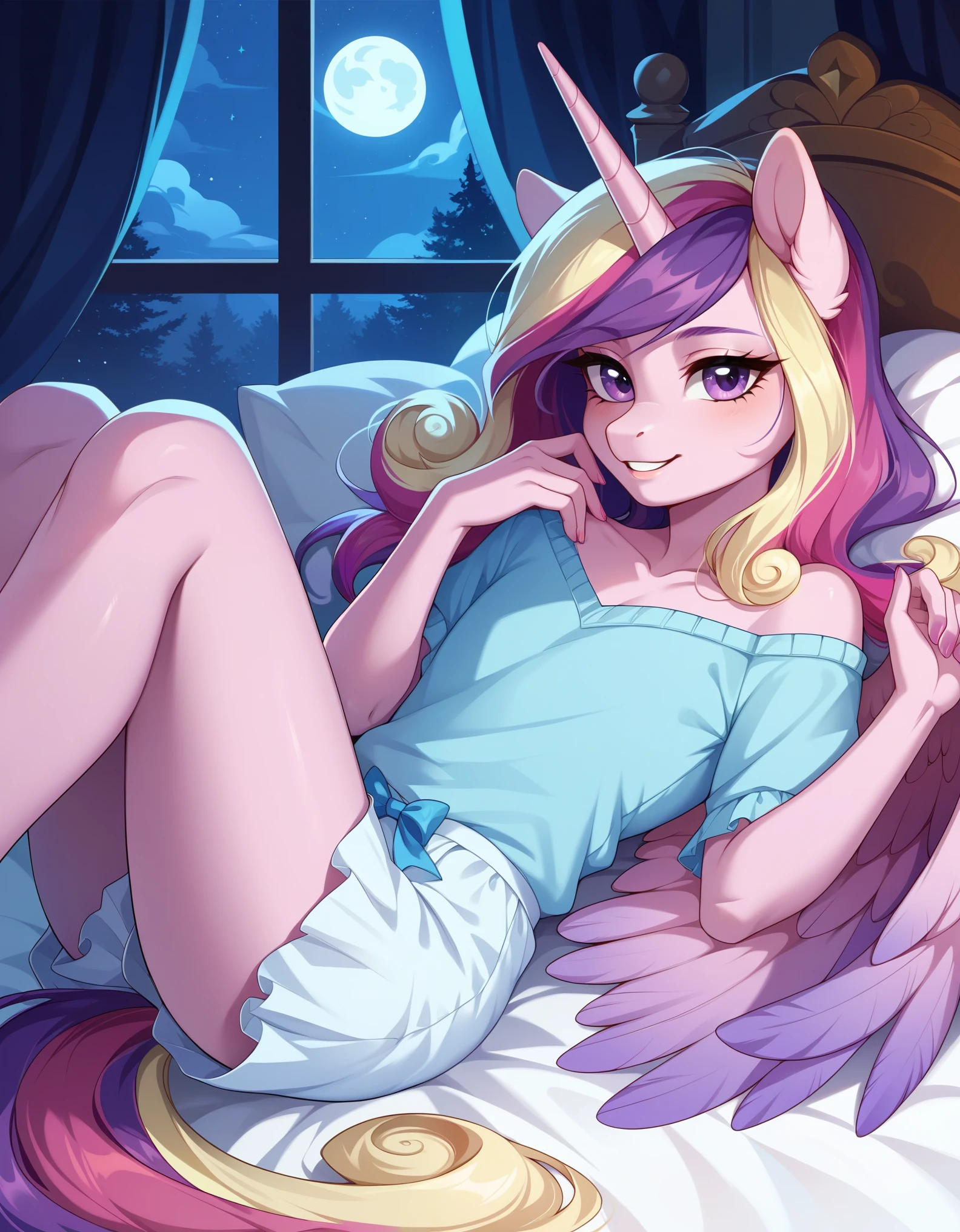 score_9, score_8_up, score_7_up, source_pony, rating_safe, an anthro princess cadance laying on her back on her bed under the moonlight at night, thin body, feminine body, hyperdetailed fur