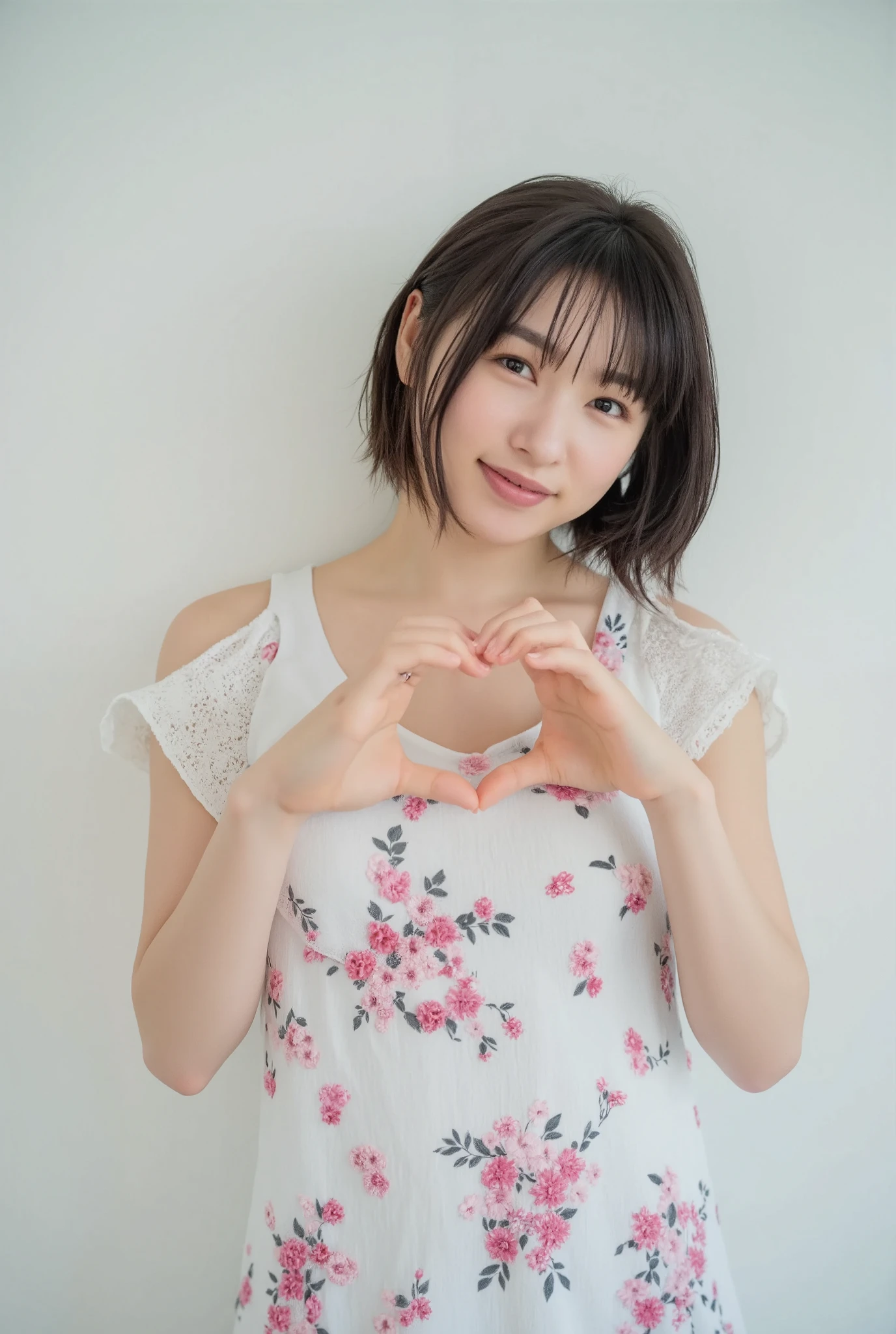 Only one woman with a cute smile wears cute, fluffy off-shoulder pajamas, makes a big heart shape with both hands, and poses them in front of her chest, View above collarbone、The background is a monotone 

