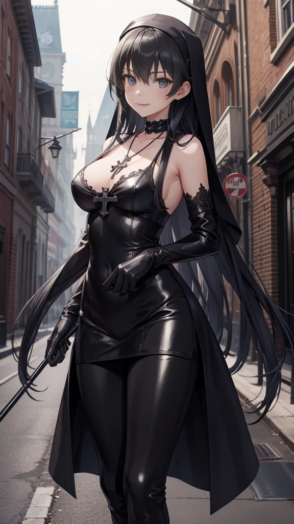 a tall and busty woman in a long black dress,a dark leather corset,long black hair,gothic makeup,goth aesthetic,domineering woman,confident pose,dramatic lighting,cinematic angle,highly detailed,photorealistic,8k,high quality,dangerously seductive smile,colorful contemporary city background
