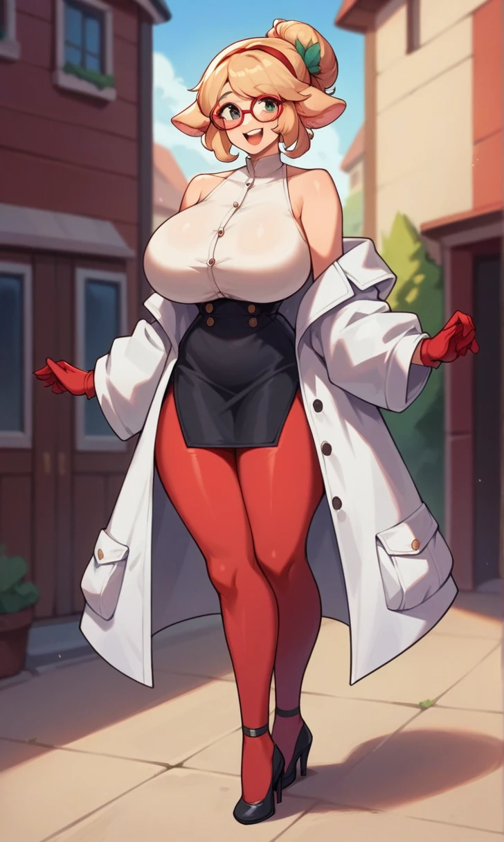 score_9, score_8_up, score_7_up, score_6_up, score_5_up, score_4_up, (source_anime), purah,
1girl,  huge breasts, narrow waist, thick thighs,  hair ornament, red headband, red glasses, sleeveless shirt, white coat, black skirt, red leggings, gloves, high heels, outdoors, happy,