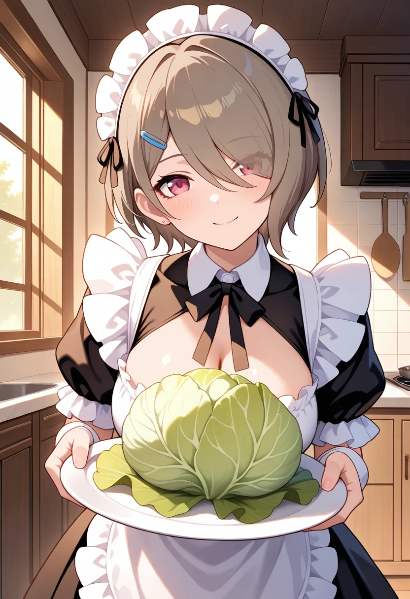 masterpiece, best quality, anatomy corrected,high detailed background, character focus, dramatic lighting,1girl, rita rossweisse, honkai \(series\), elegant maid costume, elaborate detailed pattern outfit,hair clip, closed both eyes, (head tilt:1.3), leaning forward,she holding plate with many cabbage in to it, kitchen area, bright smile, soft light from the window, shallow shadow, squirrel coming from the window, 