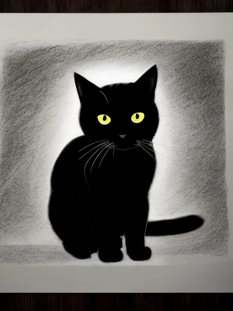 a black and white photo of a cat in the dark, a charcoal drawing by Caroline Lucy Scott, featured on pixabay, fine art, on black paper, cat silhouette, white ink sketch on black paper, detailed silhouette, chiaroscuro painting, black and white cat, chiaroscuro, monochrome drawing, light charcoal drawing, black silhouette