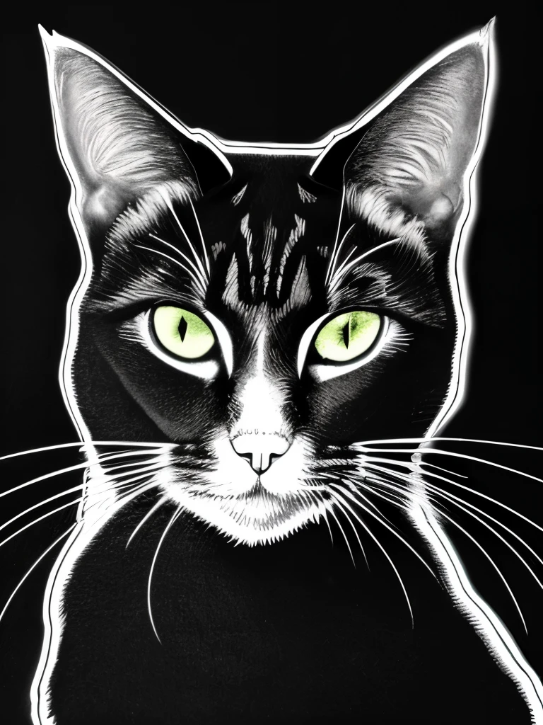 a black and white photo of a cat in the dark, a charcoal drawing by Caroline Lucy Scott, featured on pixabay, fine art, on black paper, cat silhouette, white ink sketch on black paper, detailed silhouette, chiaroscuro painting, black and white cat, chiaroscuro, monochrome drawing, light charcoal drawing, black silhouette