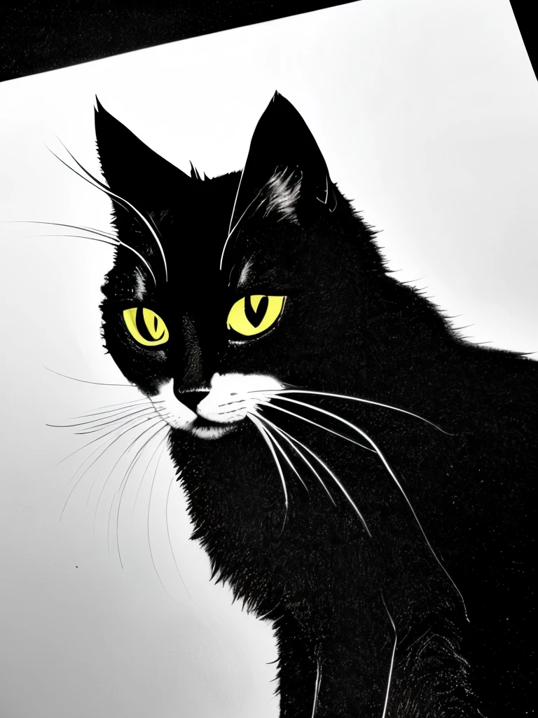 a black and white photo of a cat in the dark, a charcoal drawing by Caroline Lucy Scott, featured on pixabay, fine art, on black paper, cat silhouette, white ink sketch on black paper, detailed silhouette, chiaroscuro painting, black and white cat, chiaroscuro, monochrome drawing, light charcoal drawing, black silhouette