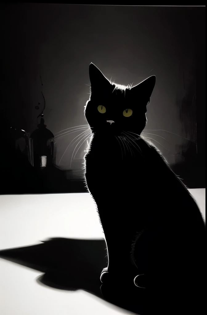 a black and white photo of a cat in the dark, a charcoal drawing by Caroline Lucy Scott, featured on pixabay, fine art, on black paper, cat silhouette, white ink sketch on black paper, detailed silhouette, chiaroscuro painting, black and white cat, chiaroscuro, monochrome drawing, light charcoal drawing, black silhouette