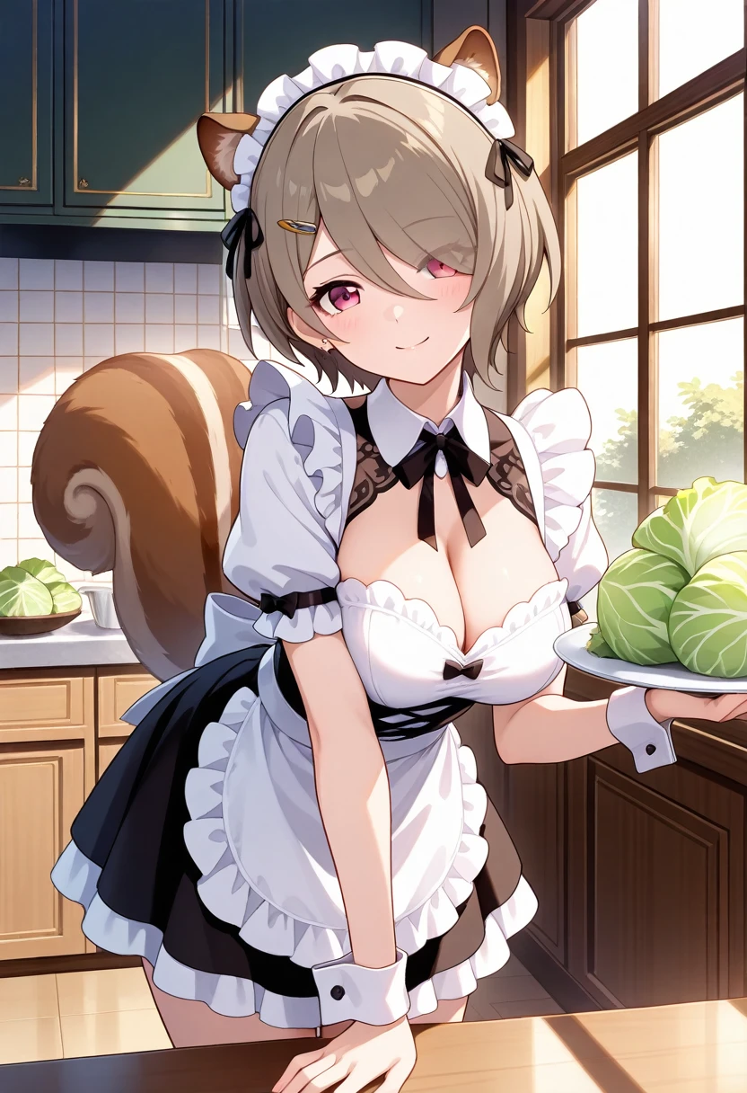 masterpiece, best quality, anatomy corrected,high detailed background, character focus, dramatic lighting,1girl, rita rossweisse, honkai \(series\), elegant maid costume, elaborate detailed pattern outfit,hair clip, closed both eyes, (head tilt:1.3), leaning forward,she holding plate with many cabbage in to it, kitchen area, bright smile, soft light from the window, shallow shadow, squirrel coming from the window, pov