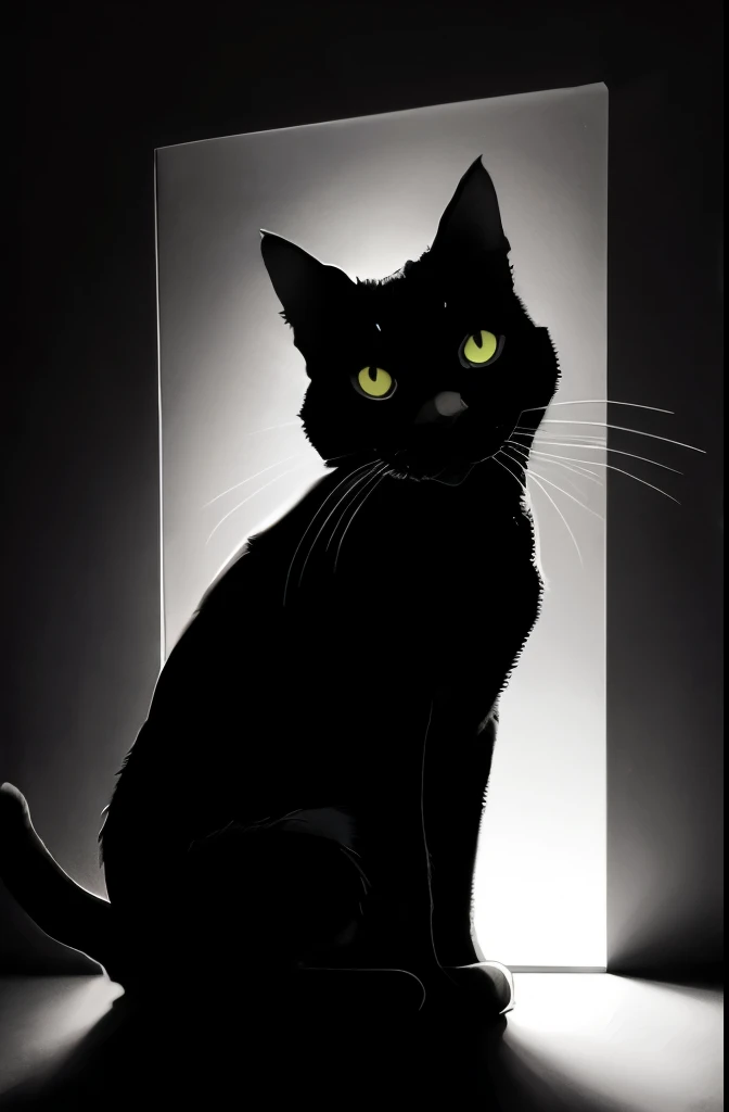 a black and white photo of a cat in the dark, a charcoal drawing by Caroline Lucy Scott, featured on pixabay, fine art, on black paper, cat silhouette, white ink sketch on black paper, detailed silhouette, chiaroscuro painting, black and white cat, chiaroscuro, monochrome drawing, light charcoal drawing, black silhouette